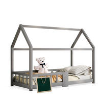 HAUSBETT 90/200 cm Grau aus Kiefer Massivholz mit Tafel und Rausfallschutz - Grau, Holzwerkstoff (90/200cm) - OKWISH