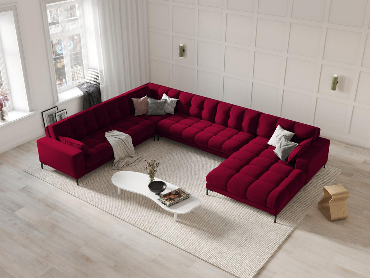 PANORAMASOFA links Mamaia aus Samt rot 7 Sitzplätze - Rot, Textil (256/75/327cm) - Micadoni