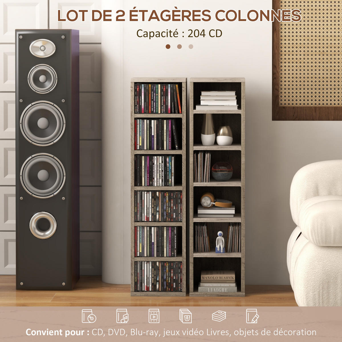 CD-REGAL 2er-Set DE-14440 12 Fächer für 204 CDs Dunkelgrau - Dunkelgrau, Holzwerkstoff (22.5/88.5/21cm) - ComfortXL