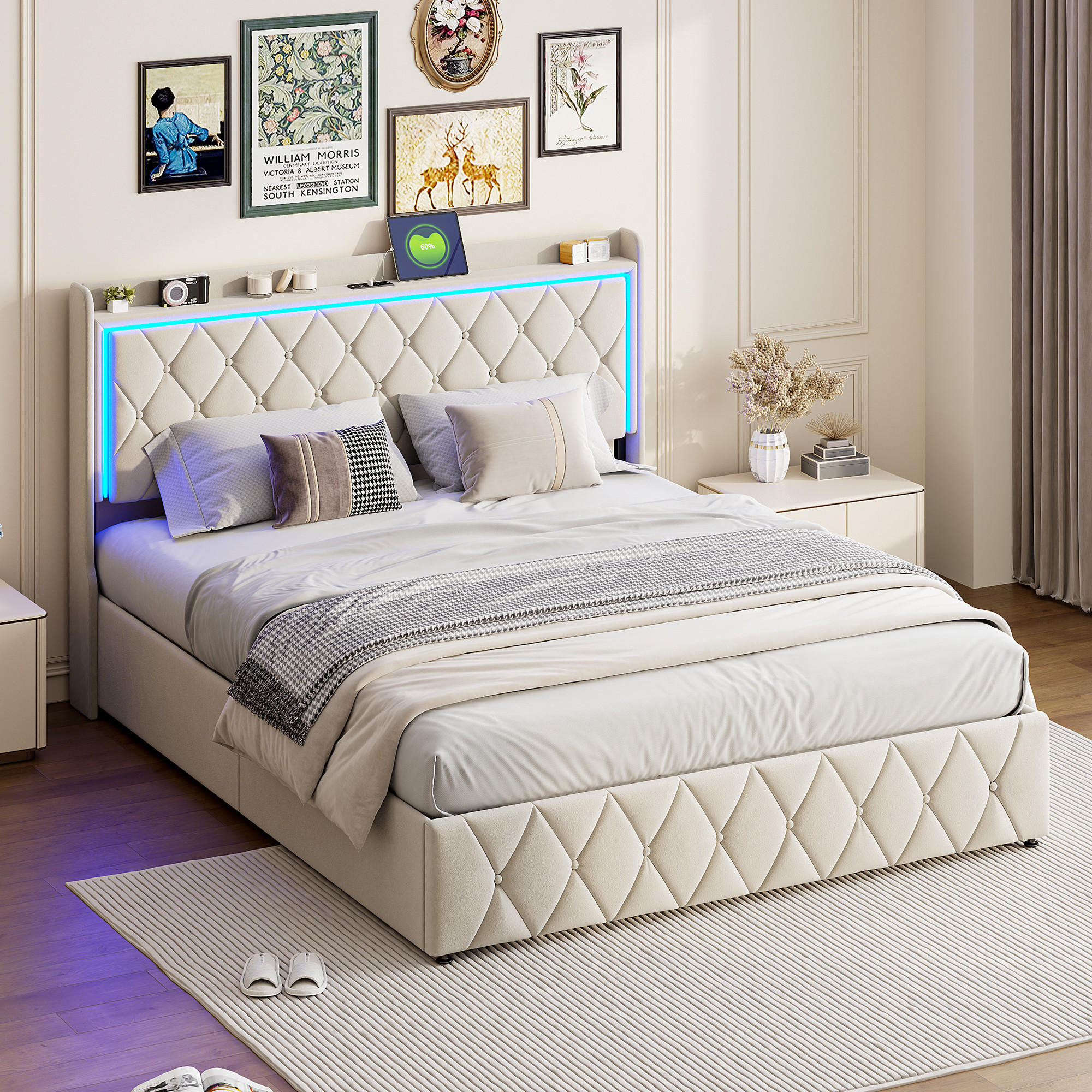 POLSTERBETT 160x200 cm, Beige, mit LED-Beleuchtung & USB-Aufladung - Beige, Textil/Metall (160/200cm)