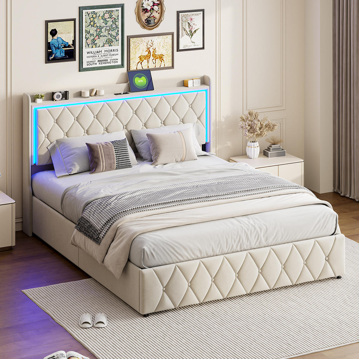 POLSTERBETT 140x200 cm, Beige, mit LED-Beleuchtung & USB-Aufladung - Beige, Textil/Metall (140/200cm)