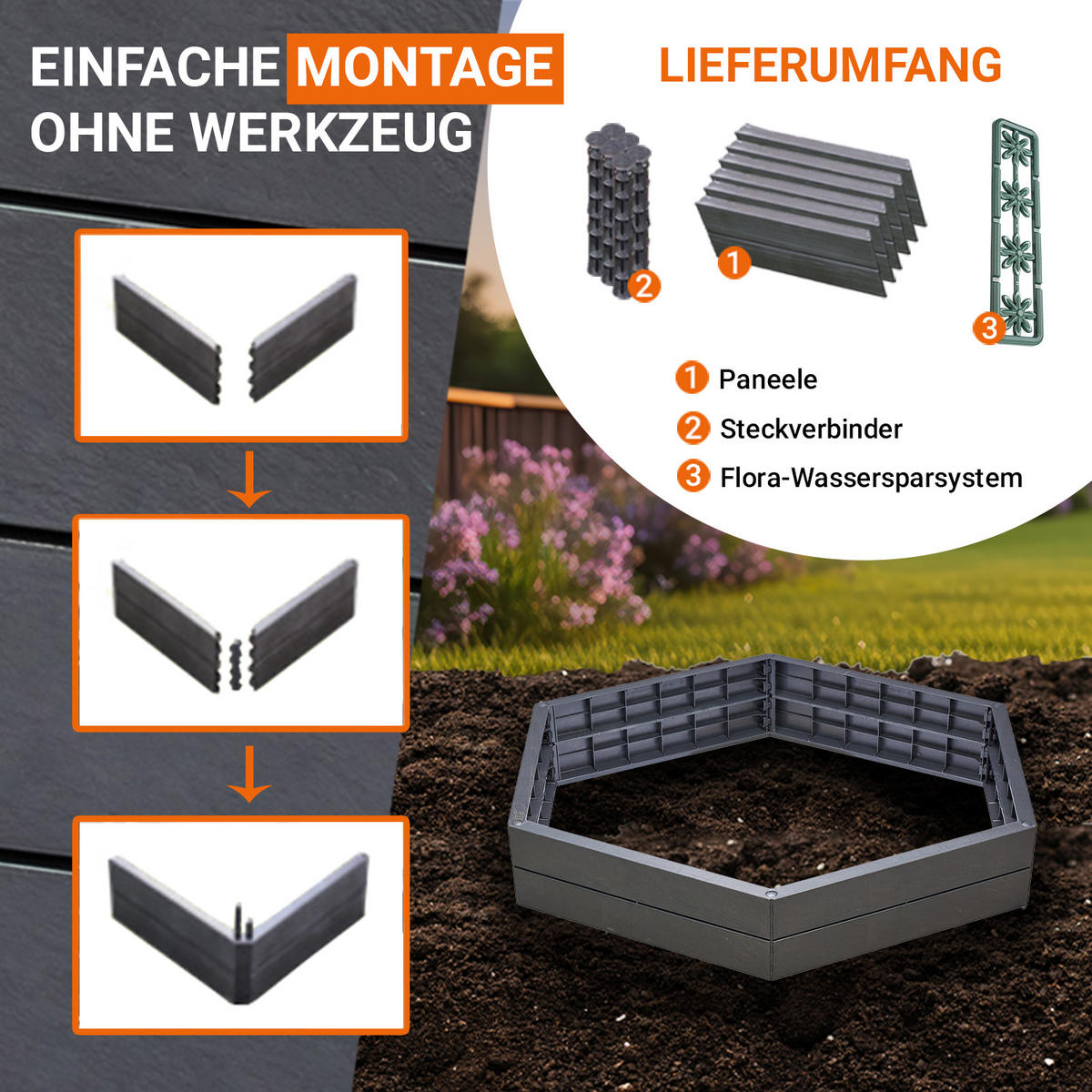 HOCHBEET-SYSTEM XL, 6 Paneele inkl. Verbinder - Anthrazit, Kunststoff (145/25/145cm) - GARANTIA