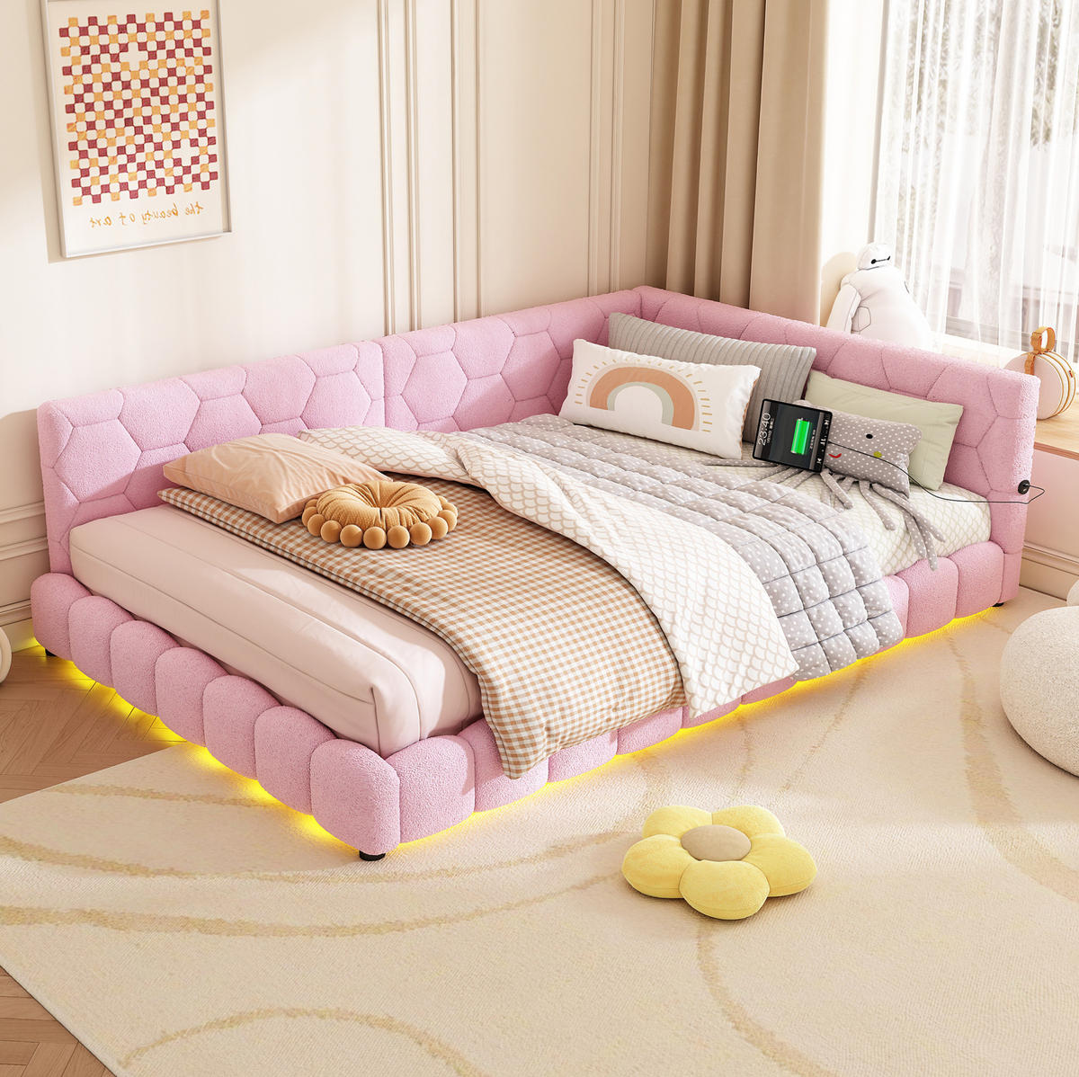 TAGESBETT 140/200 cm mit LED-Umgebungslicht, USB- und Typ-C-Anschluss, Vliesimitat, Rosa - Rosa, Textil (140/200cm) - Redom