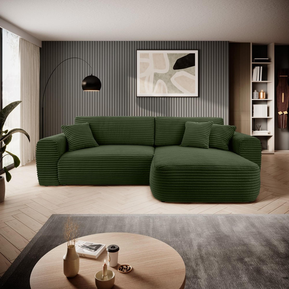 ECKSCHLAFSOFA Harmonia Dunkelgrün rechts - Dunkelgrün/Schwarz, Textil (297/169cm) - Beautysofa