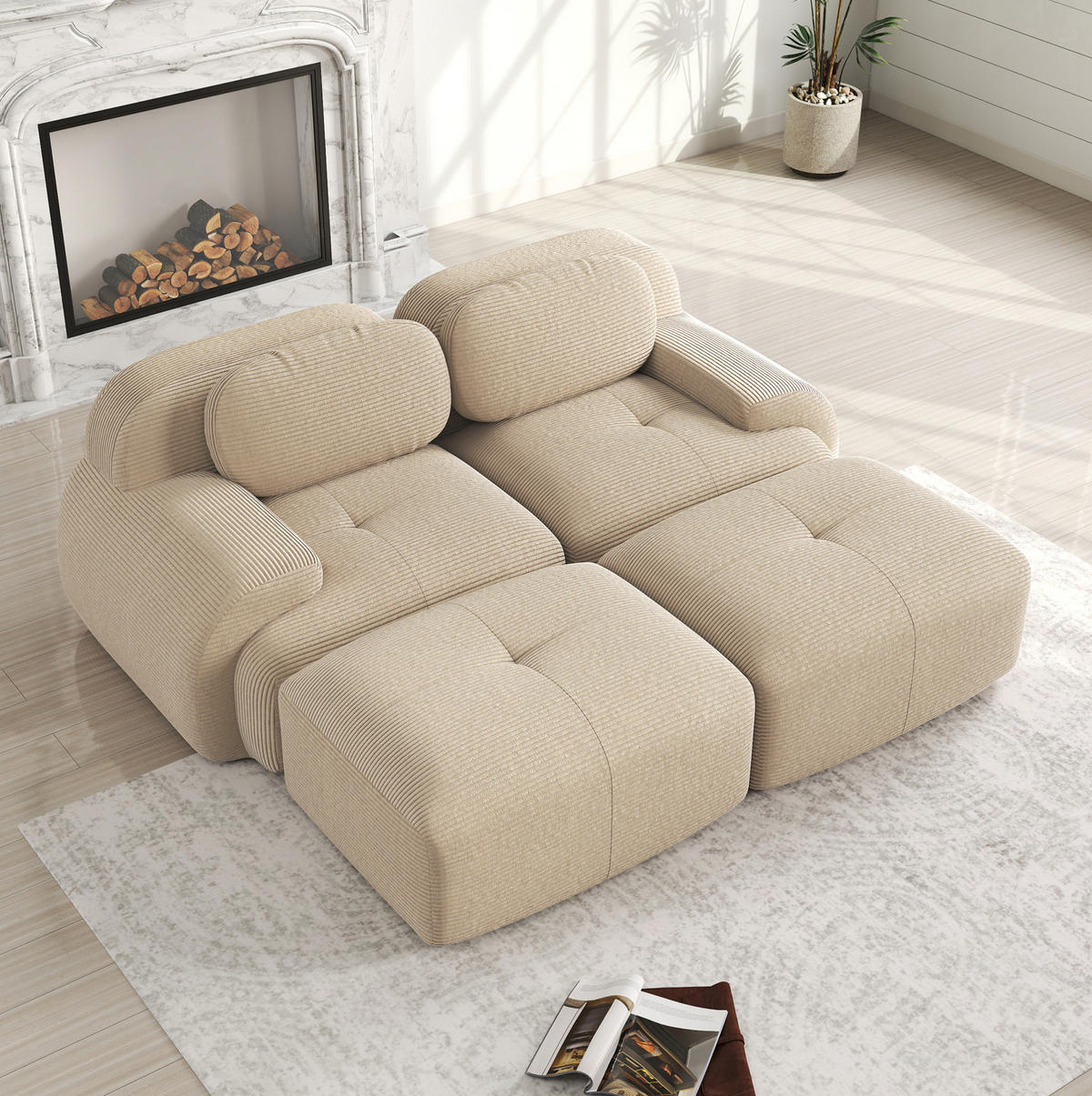 SOFA 208/178/70 cm in Beige aus Cord mit modularer Form und rutschfester Unterseite - Beige, Textil (178/70/208cm) - Flora Grace