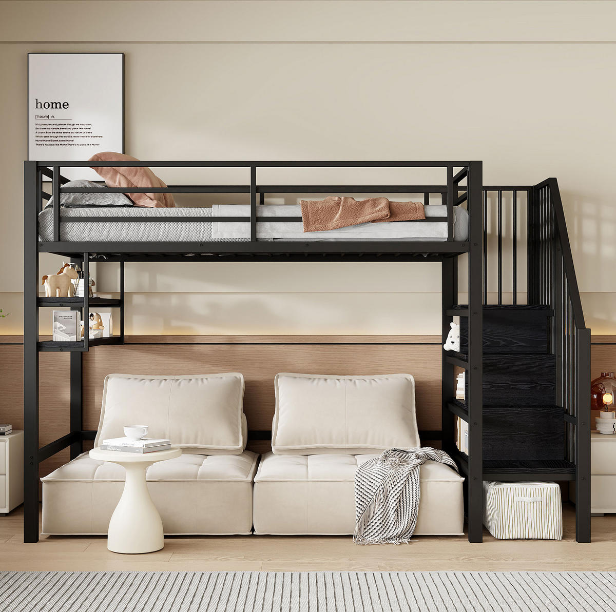 HOCHBETT 90/200 cm in Schwarz – mit Stauraumleiter und Regalfächern - Schwarz, Metall (90/200cm) - BEAOK