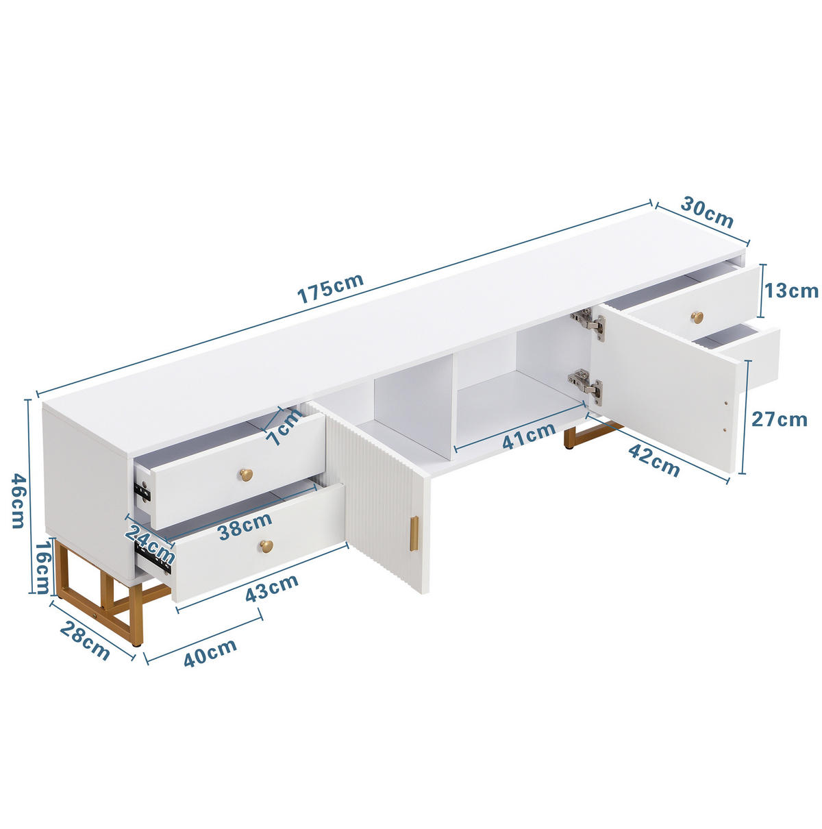 LOWBOARD 175/30/46 cm aus MDF mit 4 Schubladen und strukturierten Türen Weiß - Weiß, Holzwerkstoff (175/46/30cm) - Modenvie