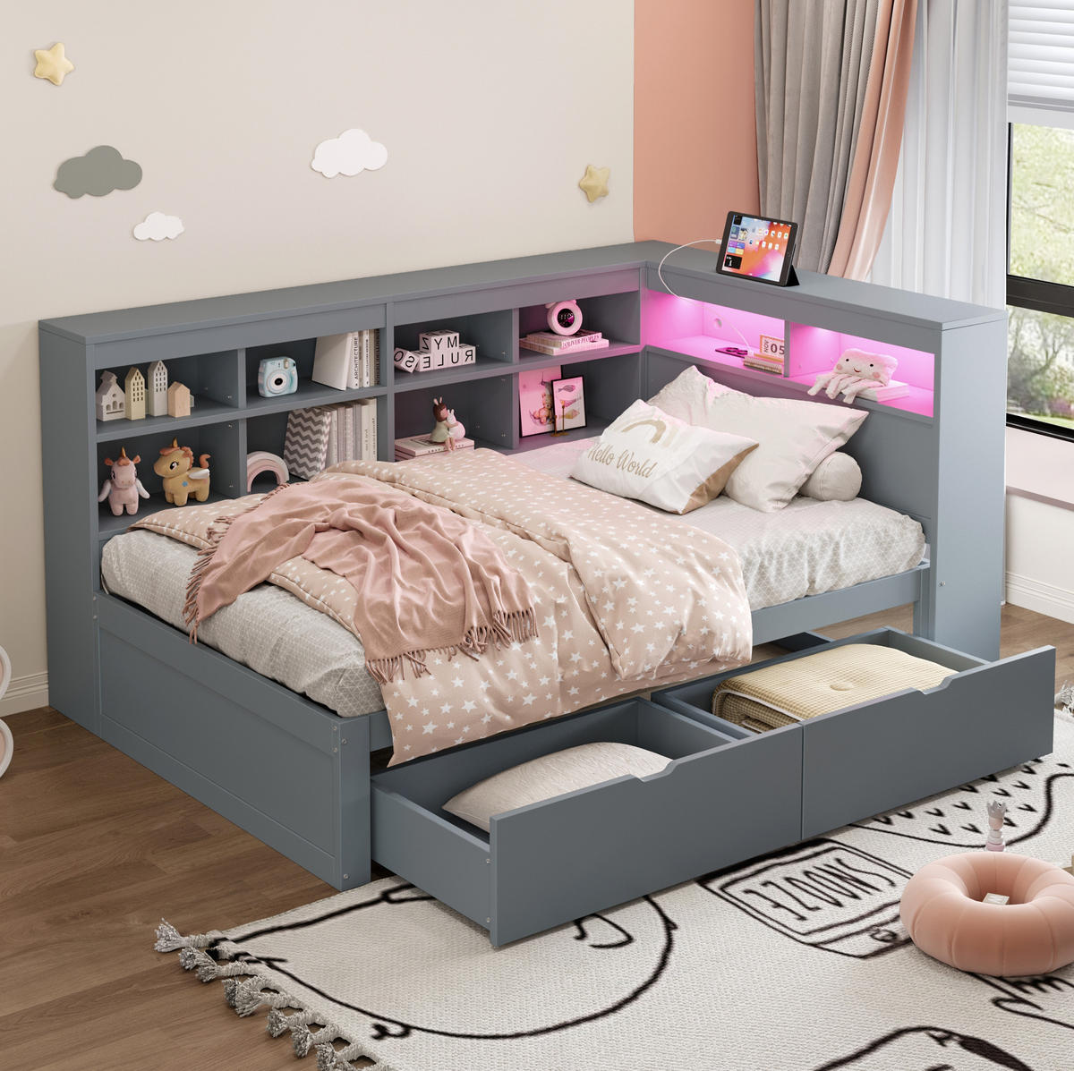 HOLZBETT 90/200 cm mit Kopfteil, Stauraum und LED/USB in Grau - Grau, Holzwerkstoff (90/200cm) - BEAOK