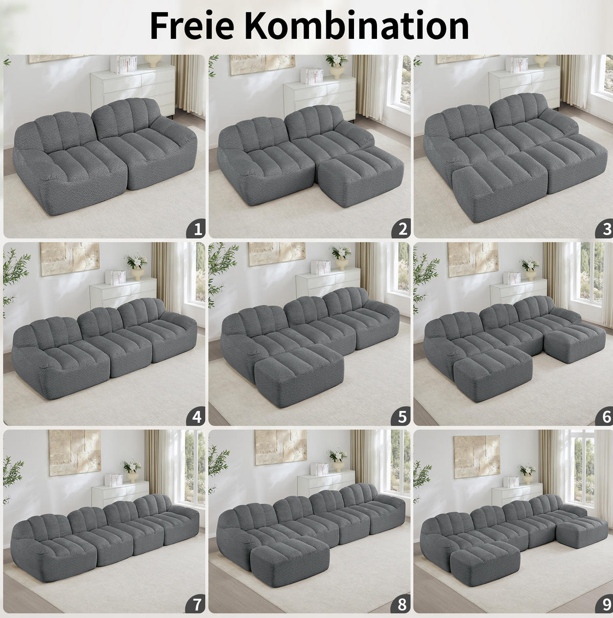 ECKSOFA aus granuliertem Fleece Grau 288x165x79 cm, modular in U- und L-Form stellbar - Grau, Textil (165/288cm) - IVMEU
