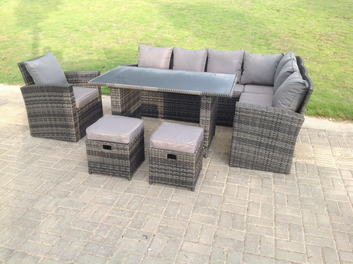 GARTEN-ECKSOFAGARNITUR mit Esstisch Polyrattan Dunkelgrau 9-Sitzer - Dunkelgrau/Grau, Glas/Kunststoff - Fimous