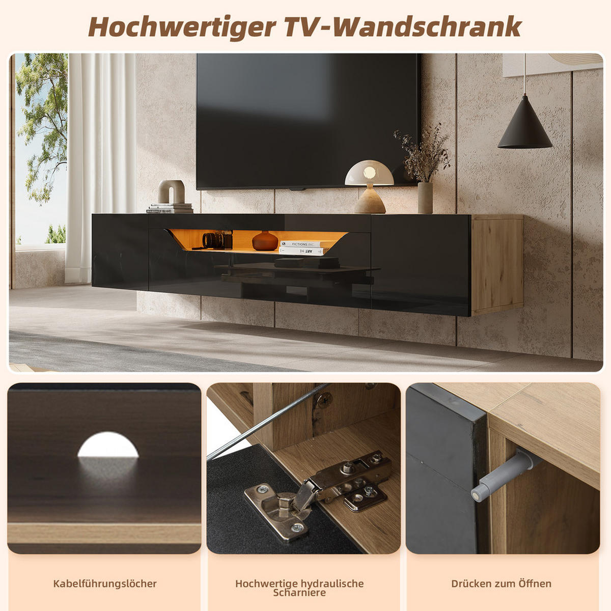 TV-SCHRANK 180x37cm wandmontierbar Hochglanz LED 3 Fächer Schwarz & Naturholz - Braun, Holz (44.5/14/120.78cm) - FLIEKS