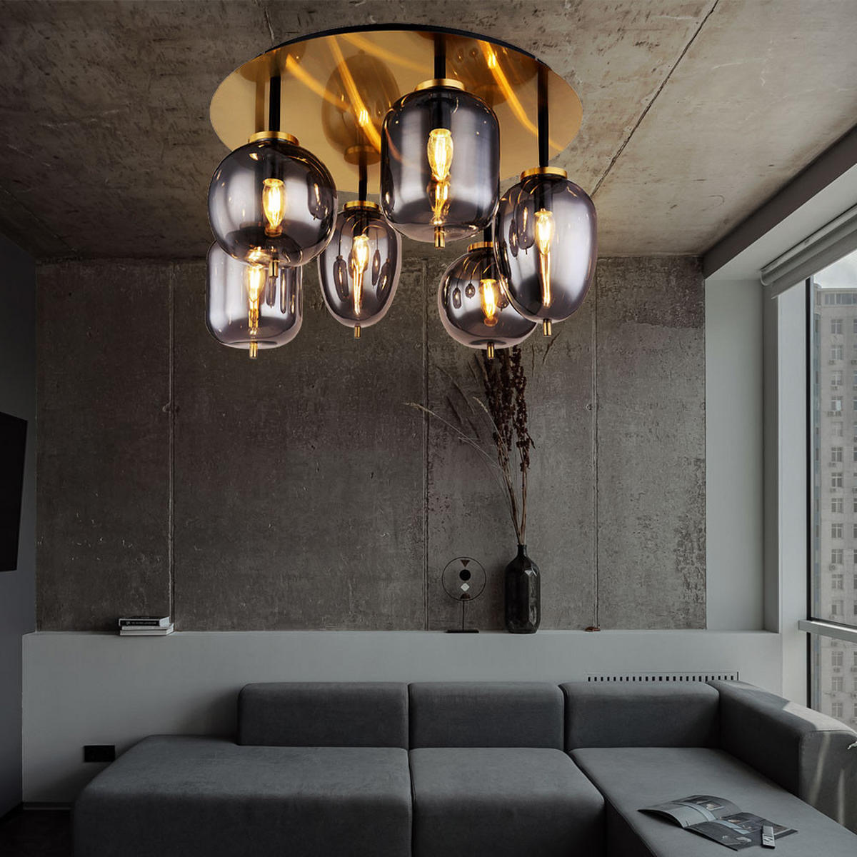 DECKENLEUCHTE Metall Glas Grau 6 Flammig - Grau, Glas (65/65/38cm) - Globo Lighting