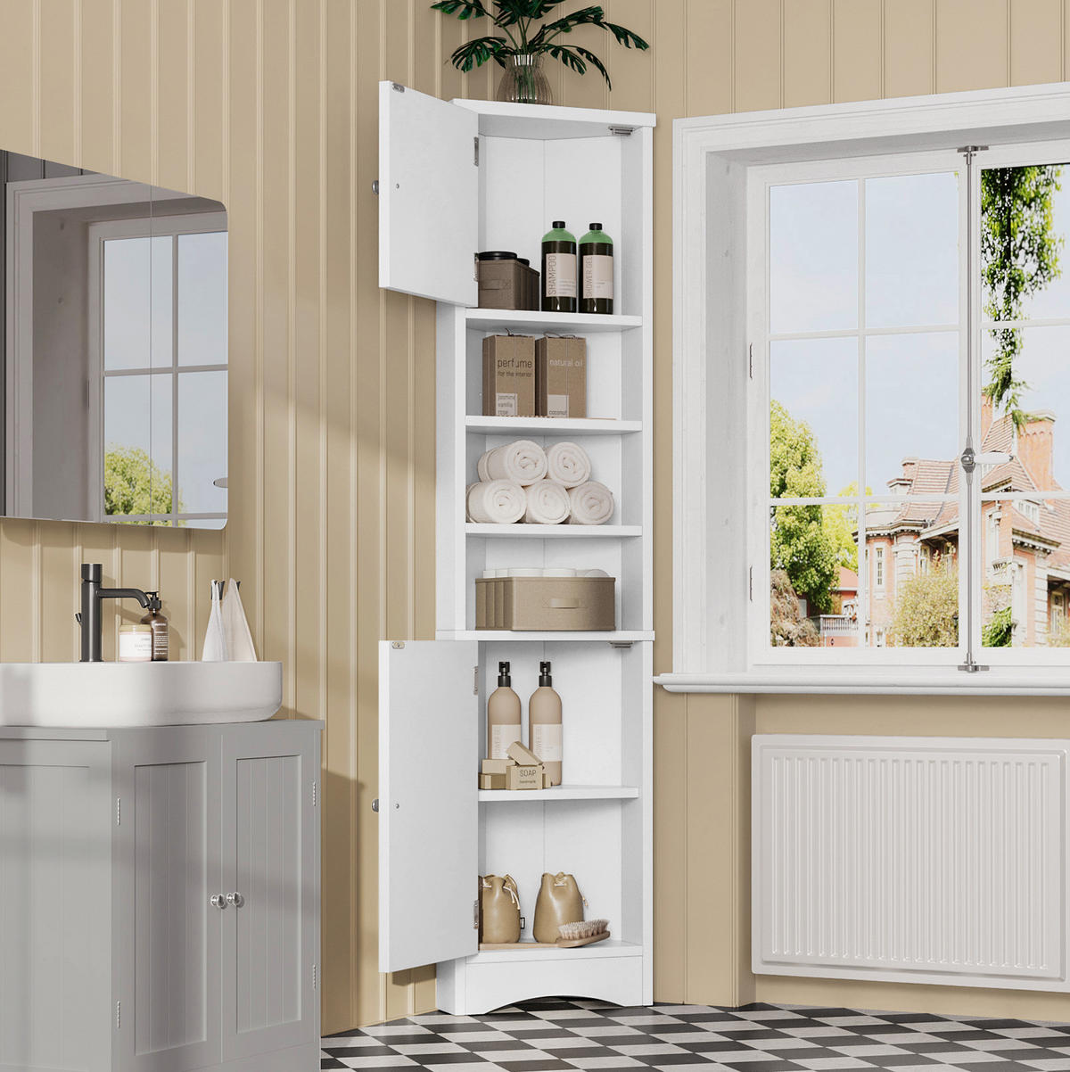 BADEZIMMERSCHRANK 36.5x24.5x170cm in Weiß, feuchtigkeitsbeständig mit 2 Türen - Weiß, Holzwerkstoff (24.5/170/36.5cm) - Modfu
