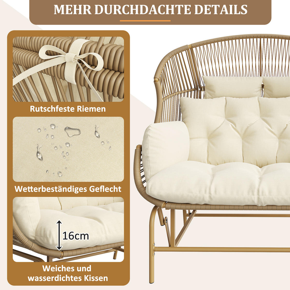 HÄNGESESSEL 2 Personen Holzfarbe Für Garten Balkon Terrasse - Naturfarben, Metall (85/143/145cm) - FLIEKS