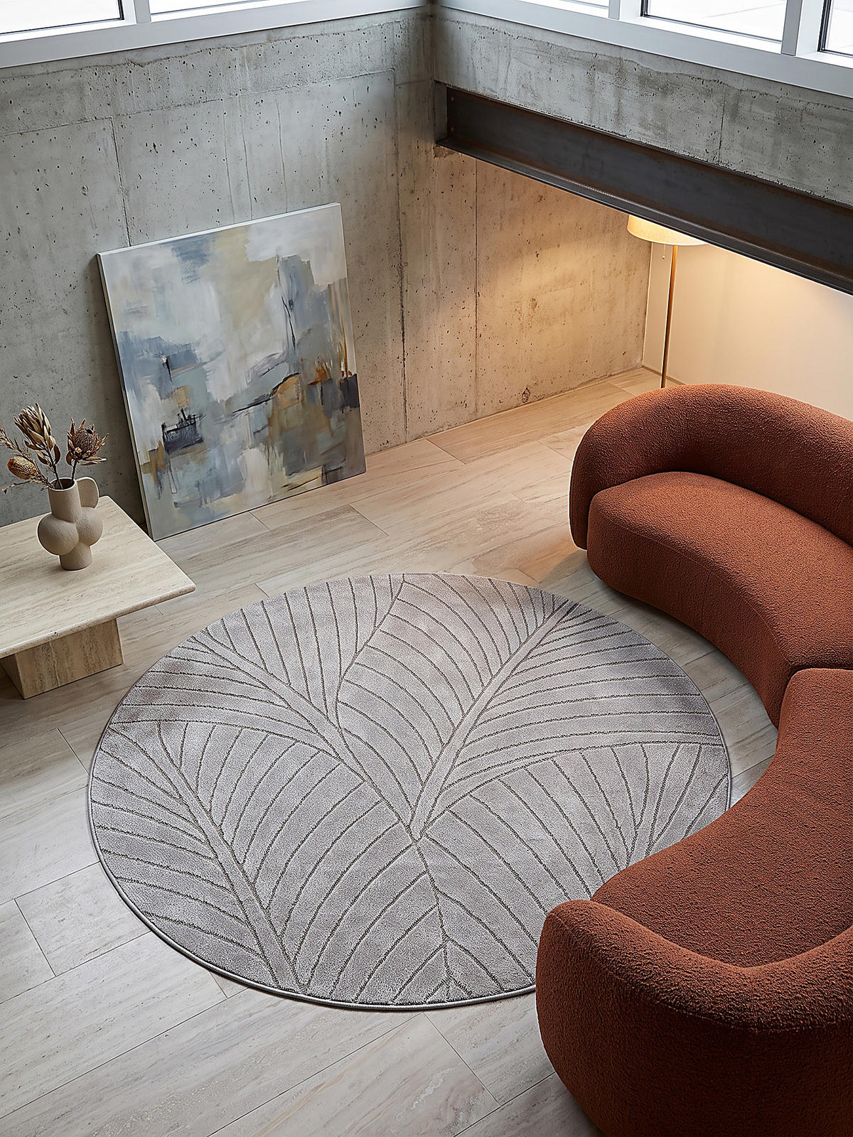 TEPPICH Outdoor, Fußbodenheizung-geeignet, mit Blattmotiv, ENGADIN in Silbergrau, Ø 200 cm - Grau, Textil (200/200cm) - KADIMA DESIGN