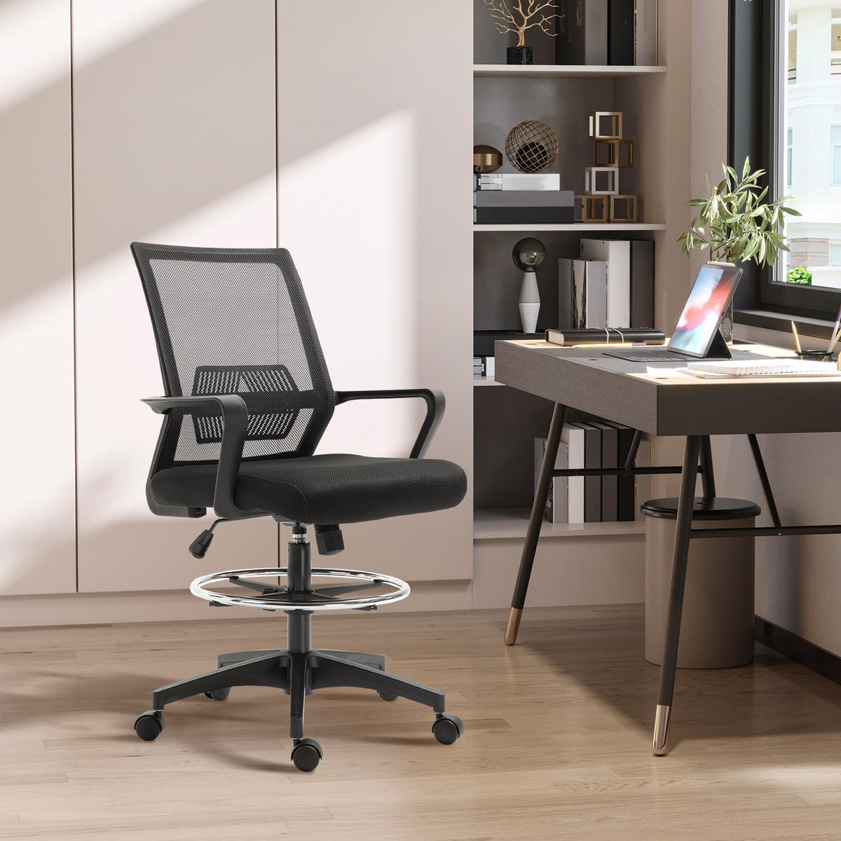 BÜROSTUHL, Höhenverstellbarer Schreibtischstuhl mit Fußablage, Netz-Rückenlehne, rollbar, Kunststoff, Schwarz - Schwarz, Textil (59/124/64cm)