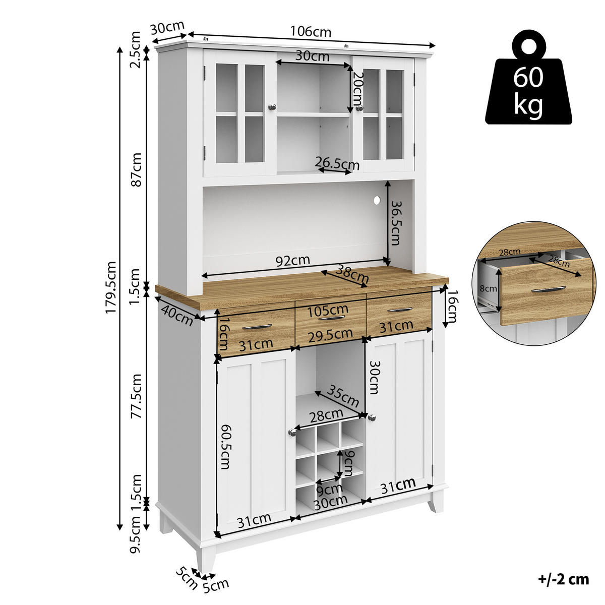 KÜCHENBUFFET 106/40/179,5 cm weiß aus MDF mit LED-Beleuchtung - Weiß, Holzwerkstoff (106/179.5/40cm) - OKWISH