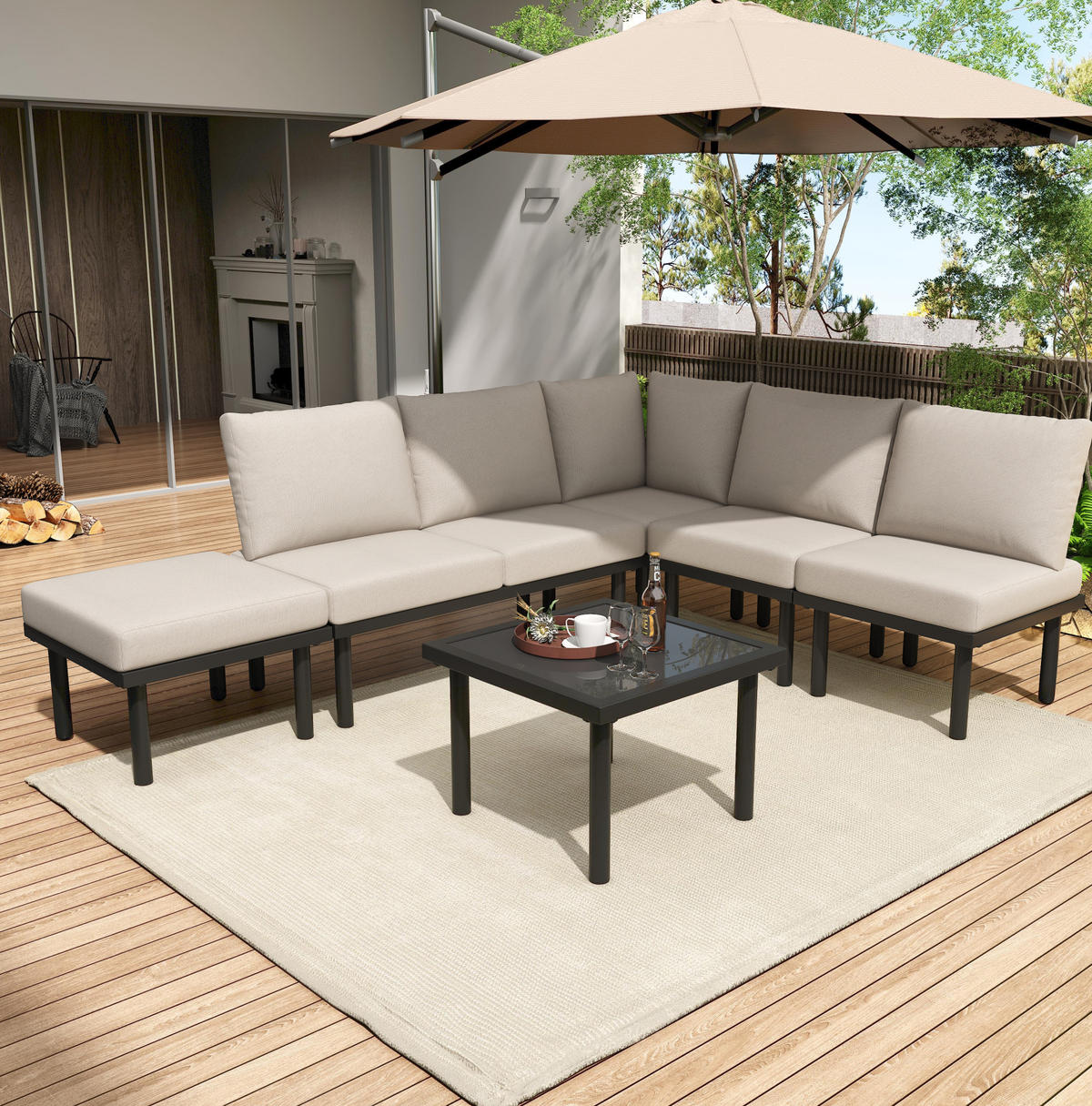 GARTEN-LOUNGESESSEL-SET 231/174/66 cm beige aus Olefin und verzinktem Stahl mit Kissen - Beige, Metall - OKWISH