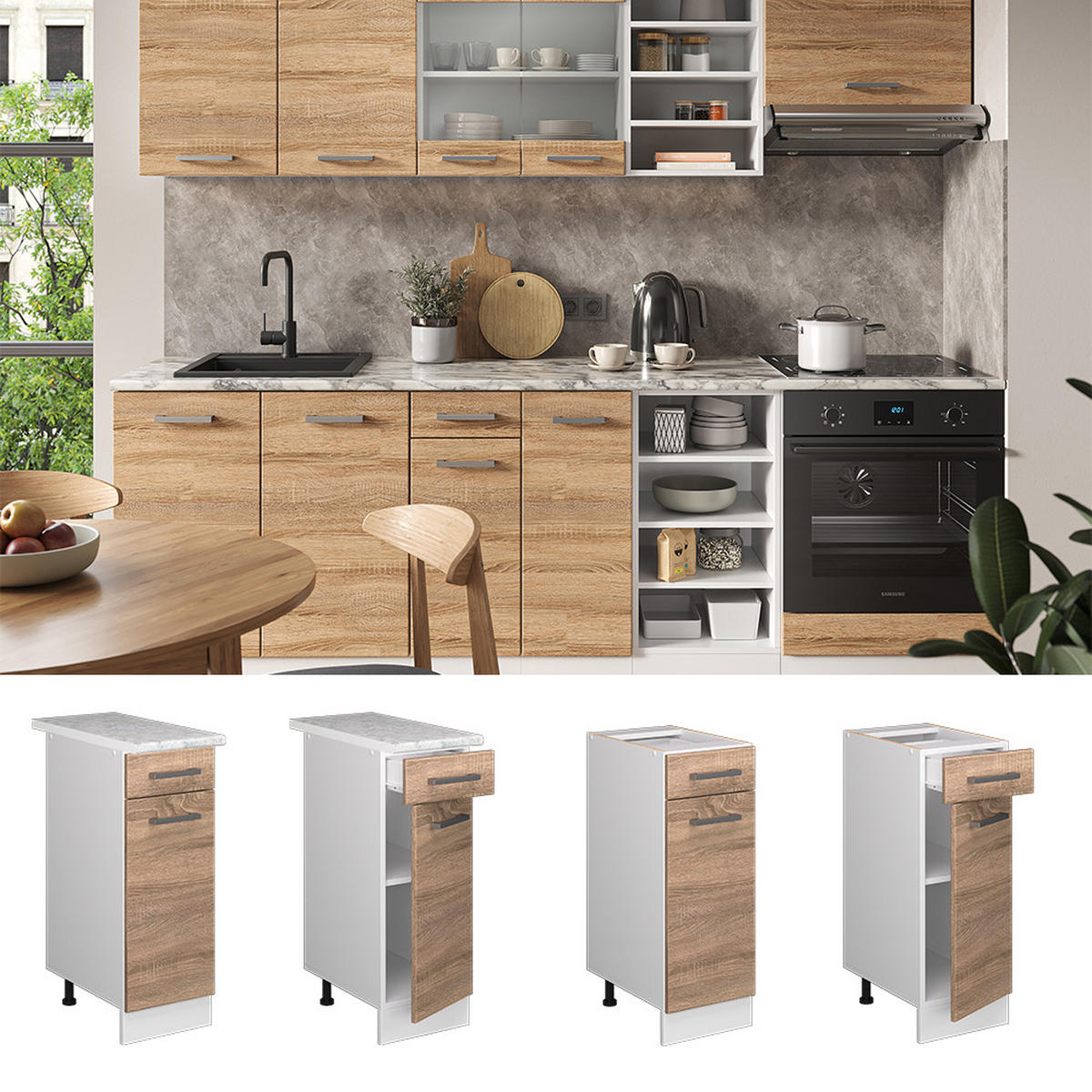 KÜCHENUNTERSCHRANK R-Line Sonoma 30 cm, AP Anthrazit - Weiß/Sonoma Eiche, Holzwerkstoff (30/81.6/60cm) - Vicco