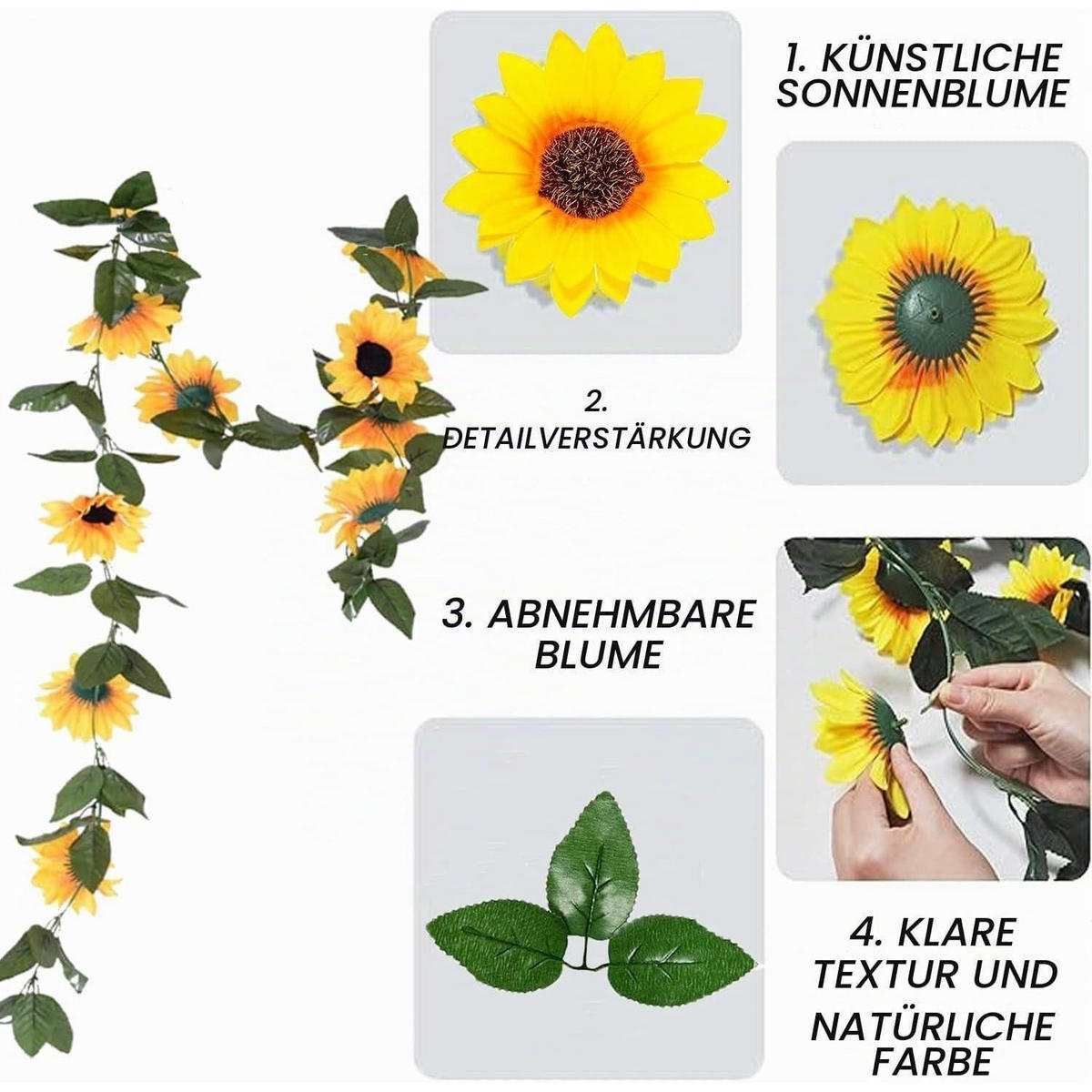 KUNSTBLUMEN-GIRLANDE Sonnenblumen 3-teiliges Set 2.45 m - Gelb, Kunststoff (8cm)