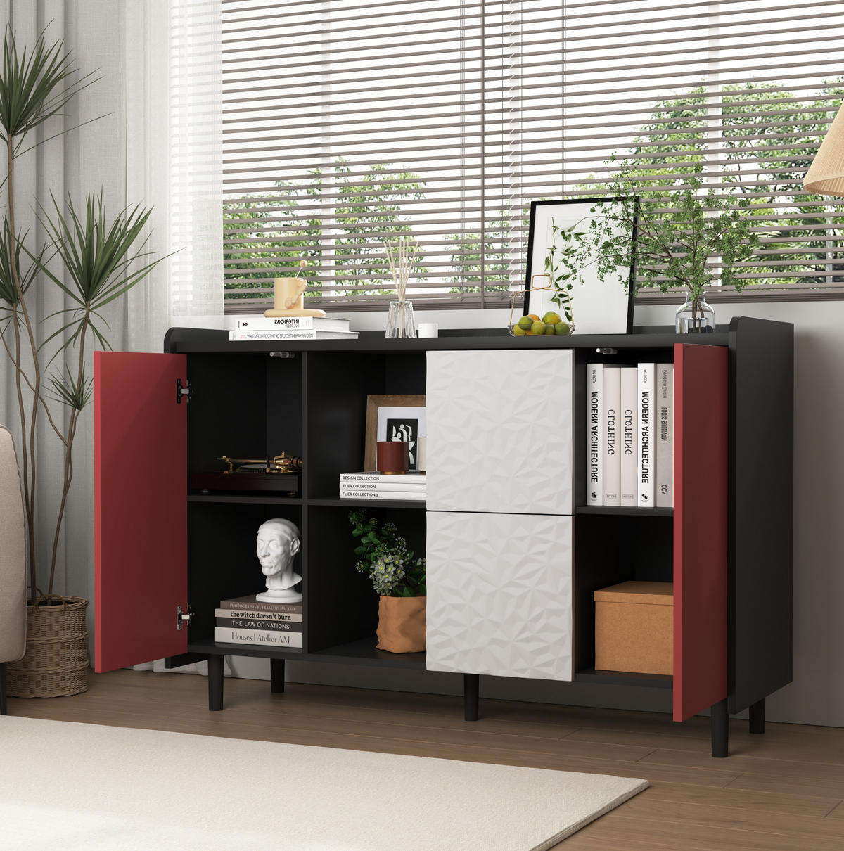 SIDEBOARD 40/120/80 cm schwarz/rot aus MDF mit 2 Schubladen - Schwarz, Holzwerkstoff (120/80/40cm) - OKWISH