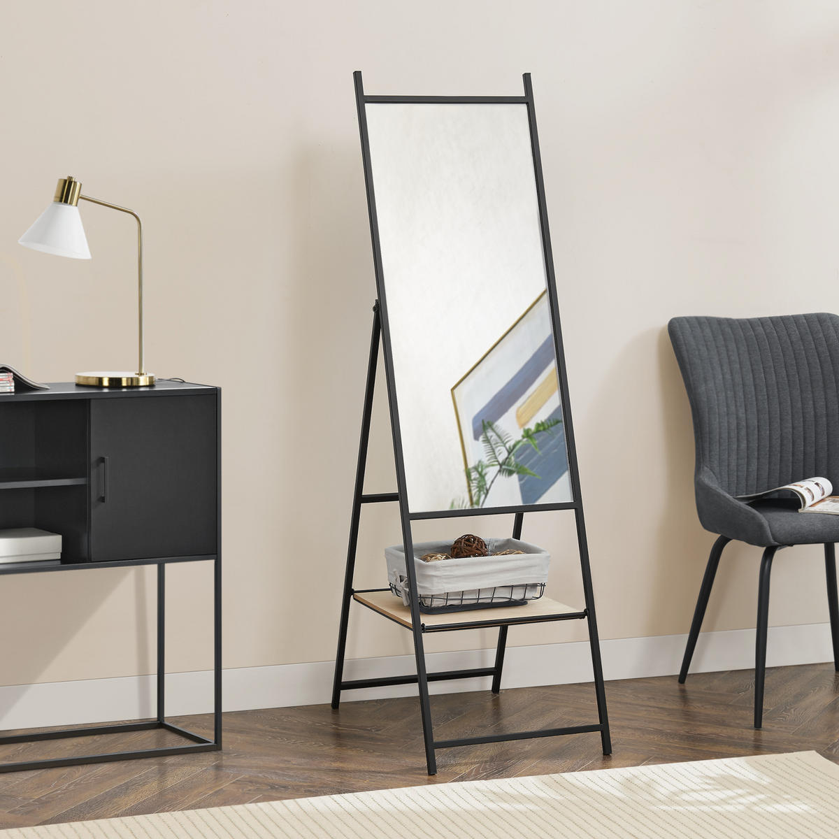 STANDSPIEGEL Chamois mit 1 Ablage - Eichefarben, Glas/Metall (40/150/90cm) - [en.casa]