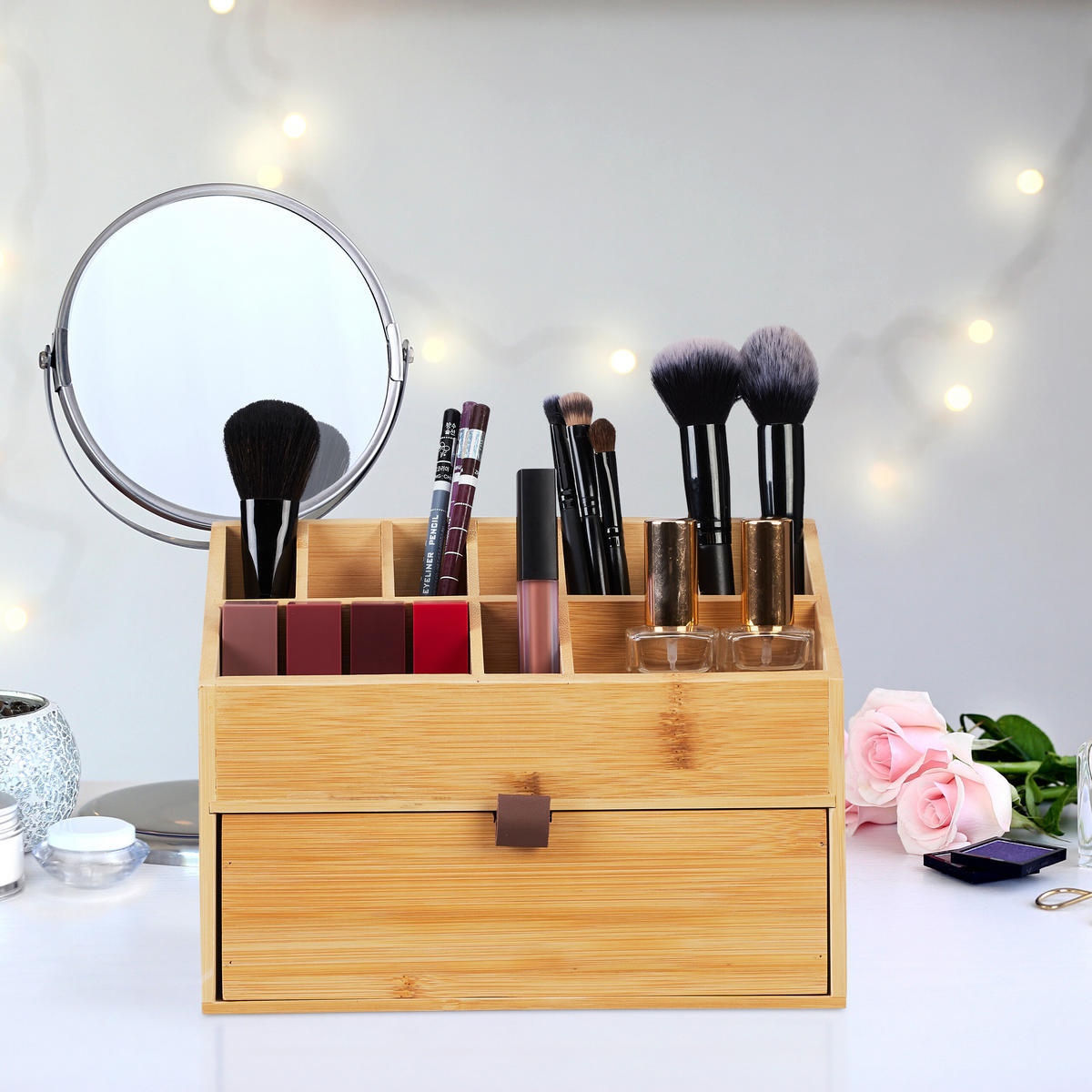 KOSMETIK-ORGANIZER - Hellbraun, Holz/Textil (25.5/19/12.5cm) - Relaxdays