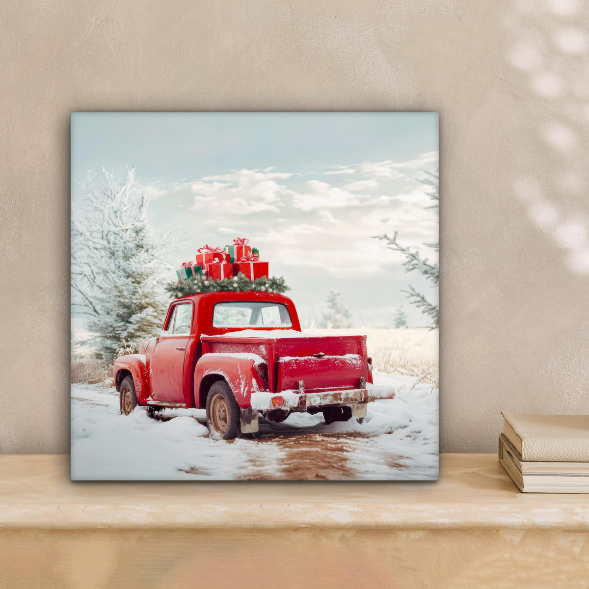 LEINWANDBILD Auto - Rot - Geschenke - Winter - Schnee - Weihnachten 20x20 cm - Rot, Textil (20/20cm) - MuchoWow