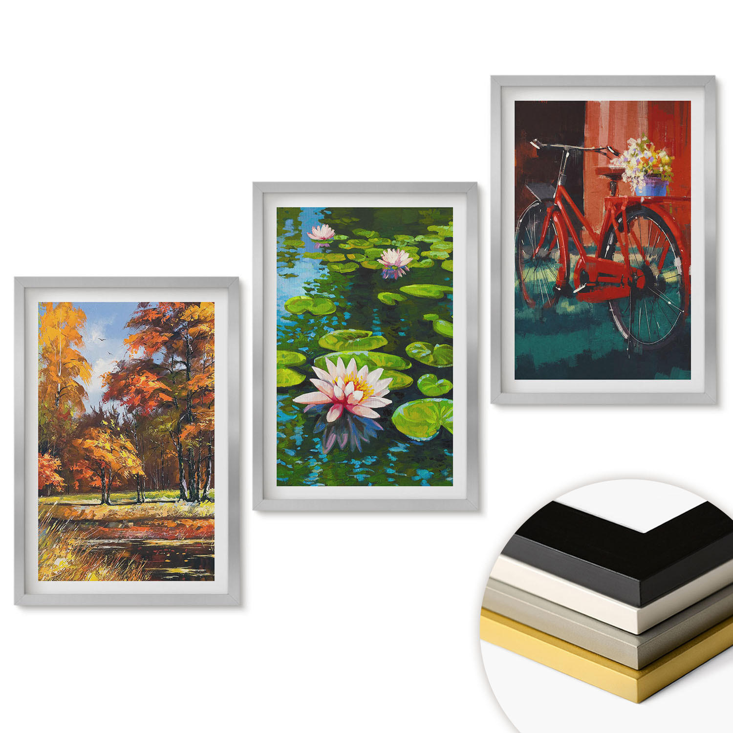 WANDBILDER 3er Set - 40x60 cm Silberner Rahmen - Herbstfarbene Lilienterrasse - Silberfarben, Kunststoff (40/60cm) - ArtPrintCave
