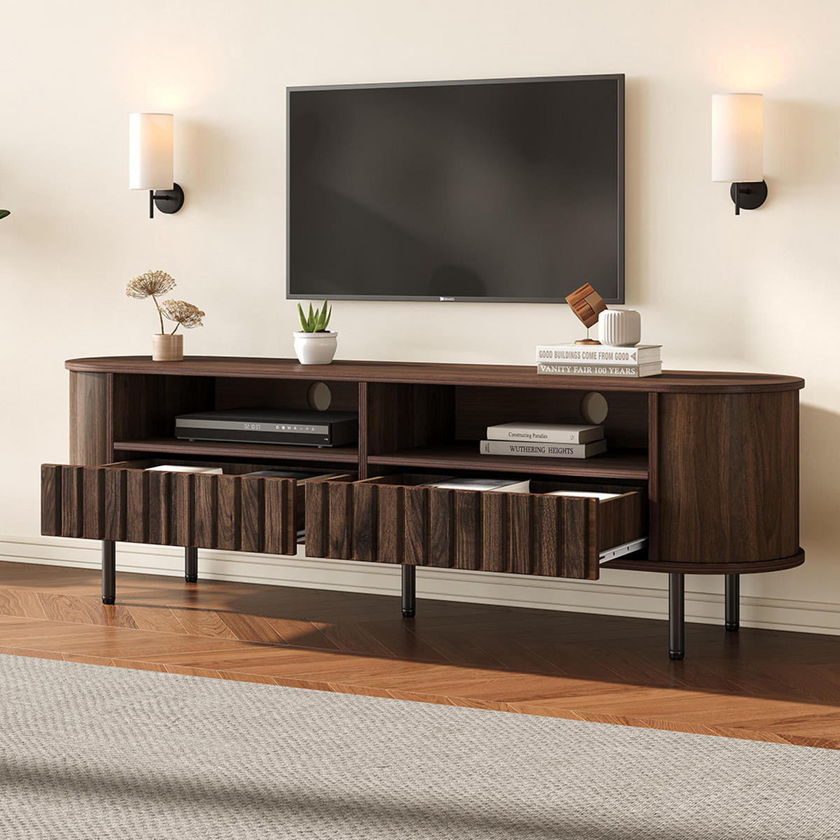 LOWBOARD in 160 x 40 x 48 cm mit 2 Schubladen, Dunkel nussbaum - Walnussfarben, Holzwerkstoff (160/48/40cm) - KOMHTOM