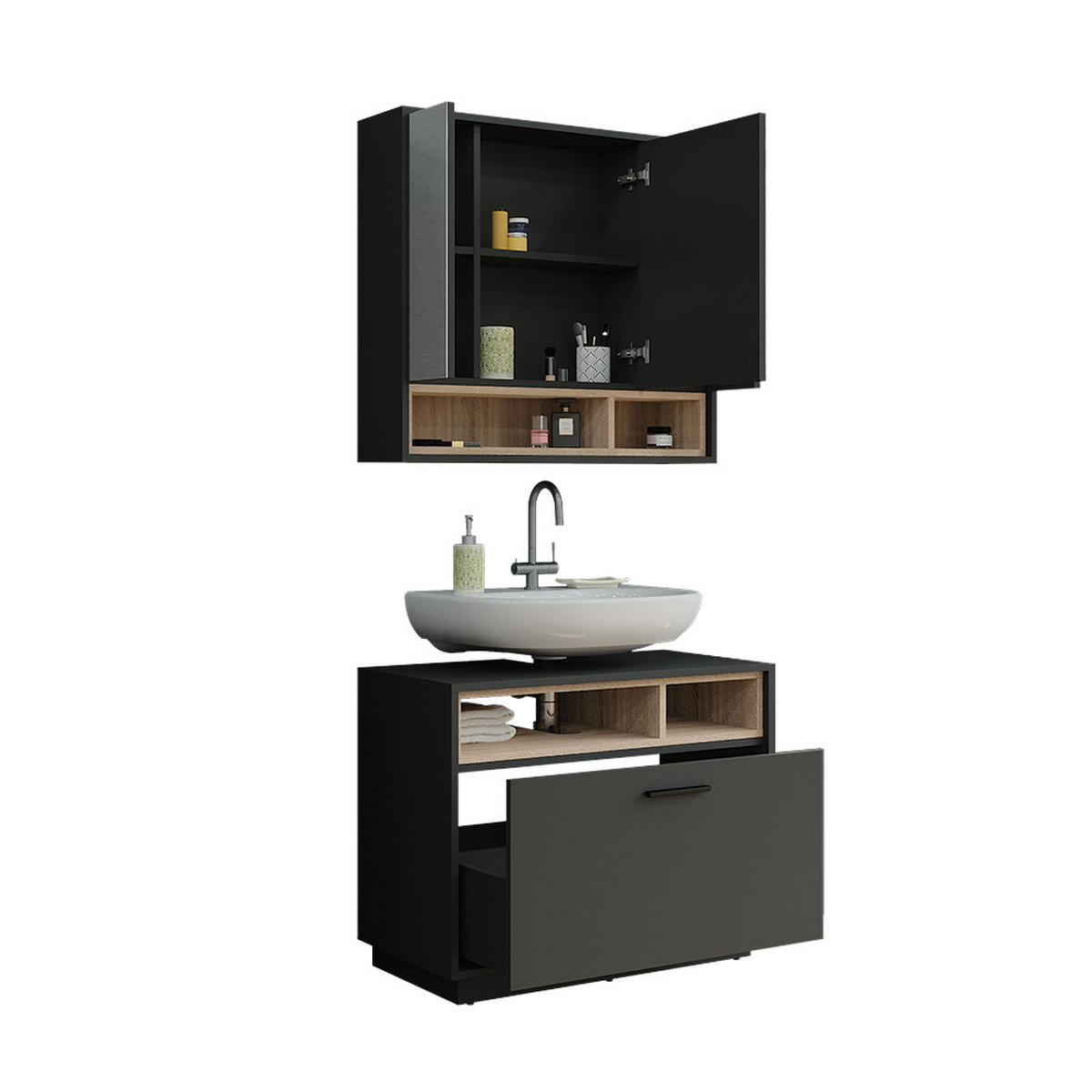 SADA KOUPELNOVÉHO NÁBYTKU Beatrice Anthracite/Sonoma - Sonoma dub/antracitová, kompozitní dřevo (80/64/35cm) - Vicco