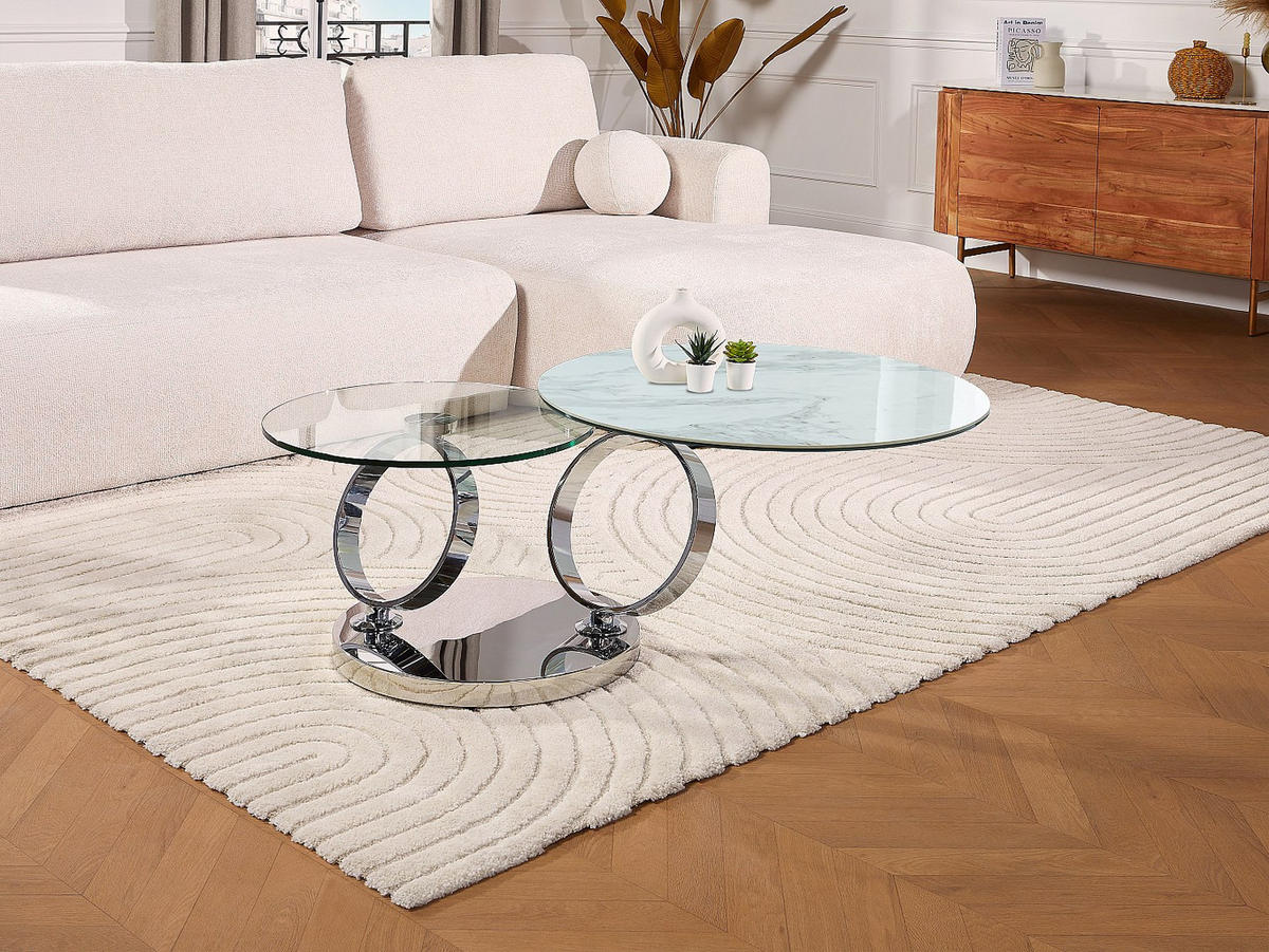 COUCHTISCH mit drehbaren Tischplatten - Keramik & Glas - Weiß mit Marmor-Effekt - JOLINE - Chromfarben, Glas (131.5/80/42cm) - Vente-Unique