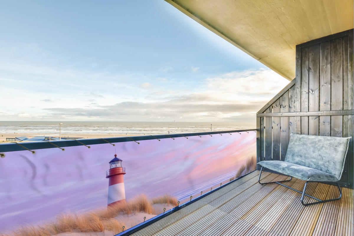 BALKON-SICHTSCHUTZ Leuchtturm - Dünen - Sonnenuntergang 500x110 cm - Hellrosa, Kunststoff (500/110cm) - MuchoWow