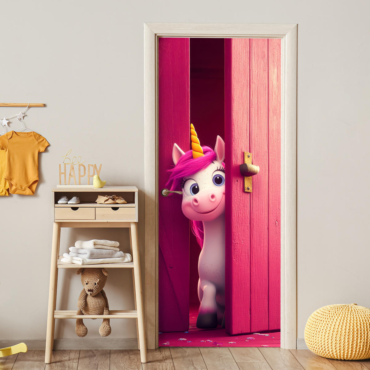 TÜRAUFKLEBER Selbstklebend - Einhorn - Rosa - Tür - Fantasie 95x215 cm - Türtapete - Pink, Kunststoff (95/0.1cm) - MuchoWow