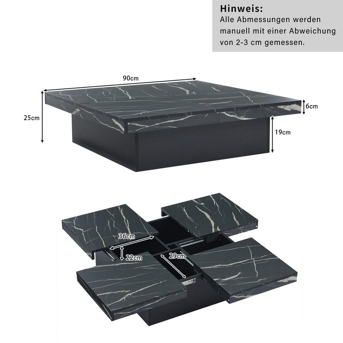 COUCHTISCH Moderner quadratischer mit Marmoroptik und Schubladen - Schwarz, Holz (80.01/57.48/25cm) - FLIEKS