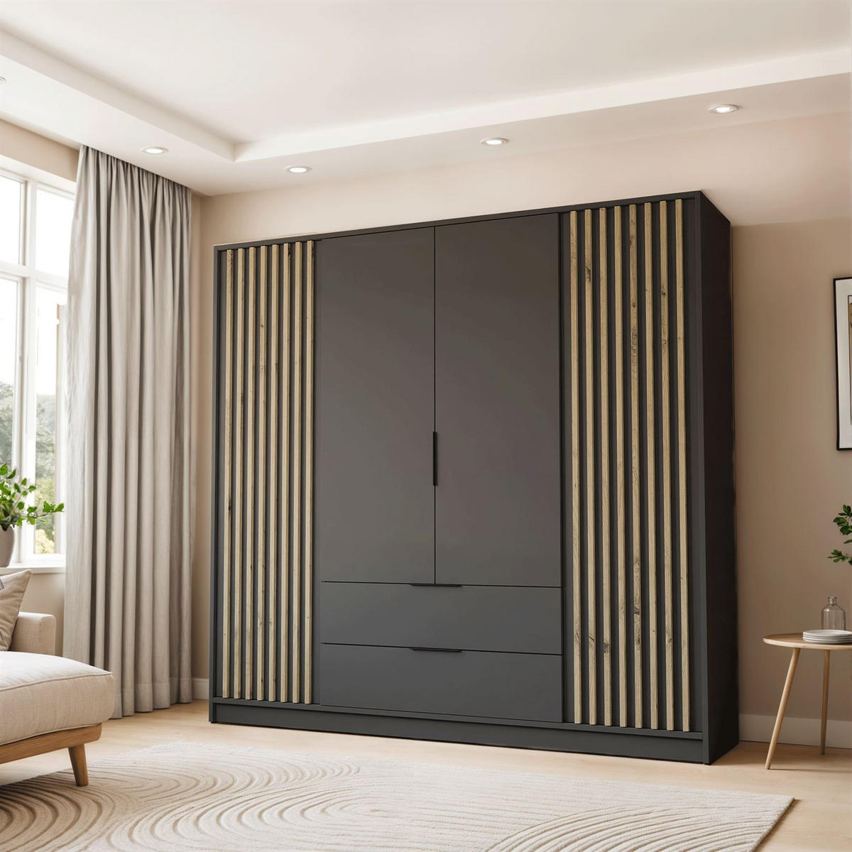 KLEIDERSCHRANK NELA, viertürig mit Lamellen, 206 cm, Graphit/Artisan - Graphitfarben, Holzwerkstoff (206/200/51cm) - Lookway