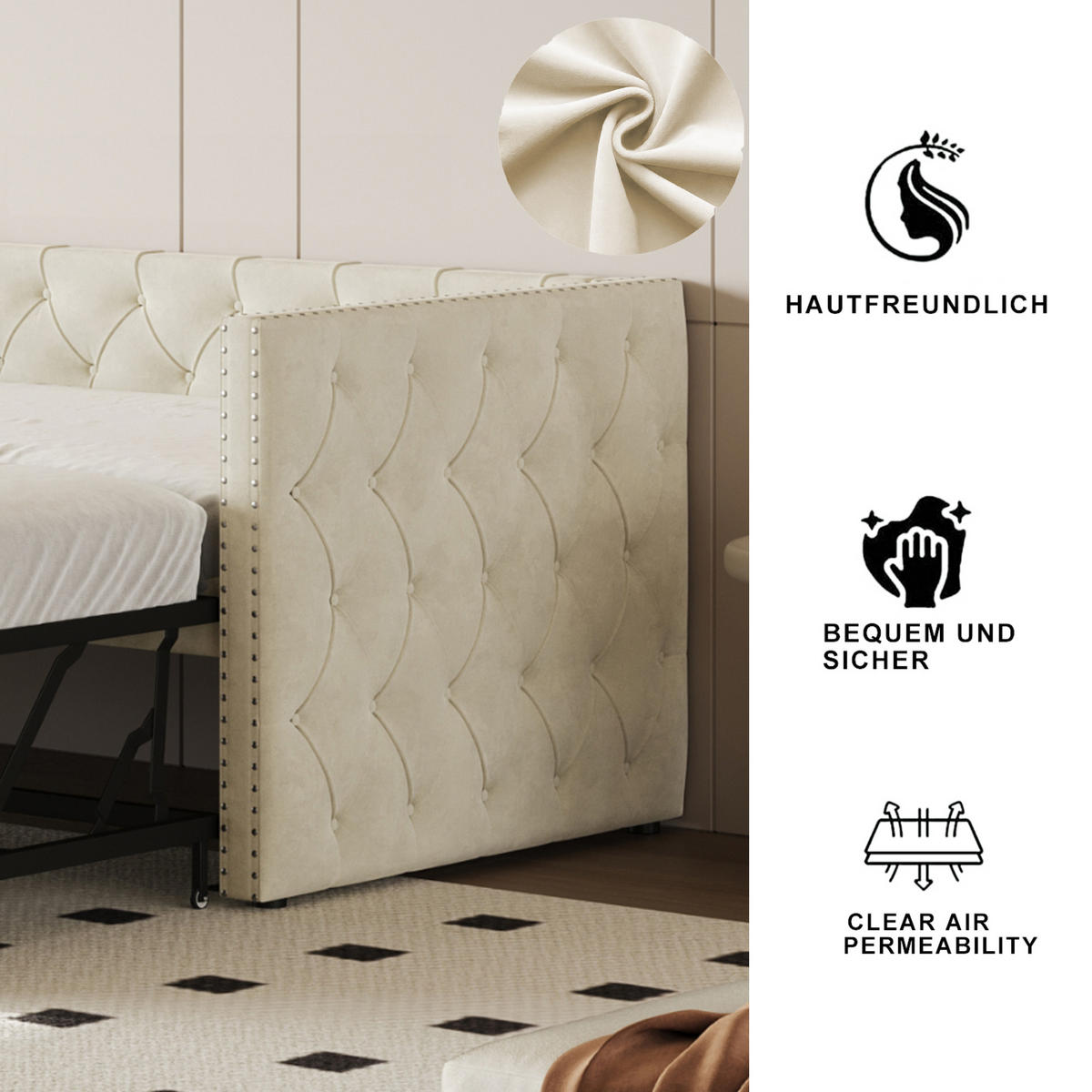 SCHLAFSOFA 90/200 cm in Beige Samt mit Ausziehfunktion und Lattenrost - Beige, Holzwerkstoff/Textil (90/200cm) - WISHDOR