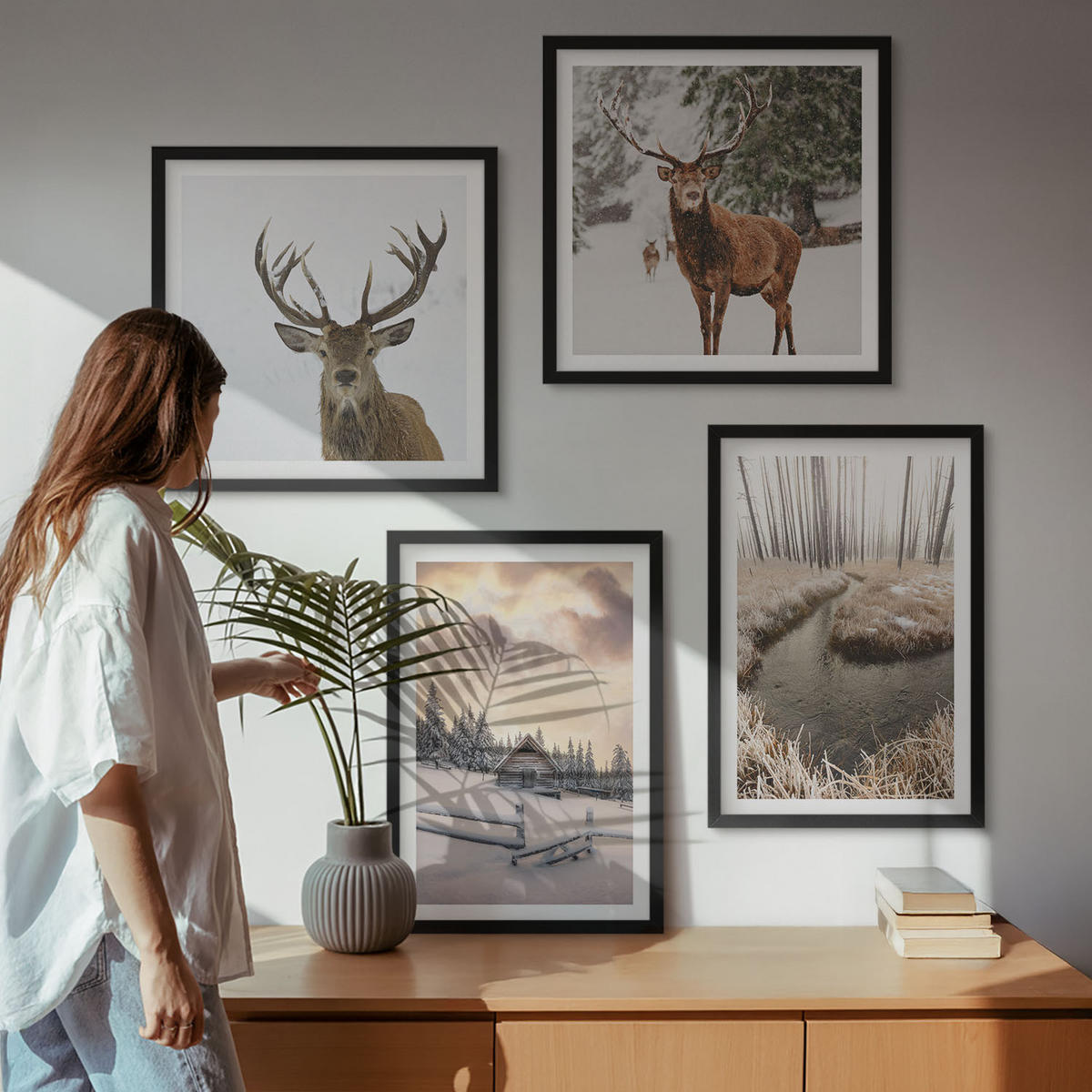 WANDBILDER 4er-Set - 50x50 cm & 40x60 cm Schwarzer Rahmen - Winterlandschaft mit Hirschen - Schwarz, Kunststoff (50/50cm) - ArtPrintCave