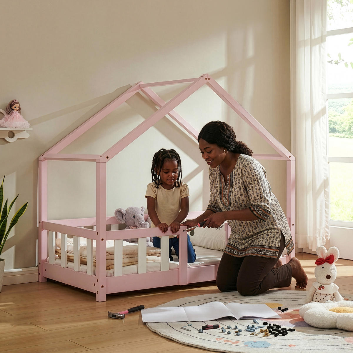 HAUSBETT Treviolo - Pink/Weiß, Holz (70/140cm) - [en.casa]