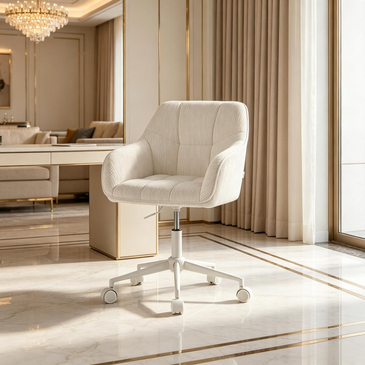 DREHSTUHL DE-40915 mit Cordbezug und Karomuster höhenverstellbar Beige - Beige, Metall (40/90/56cm) - ComfortXL