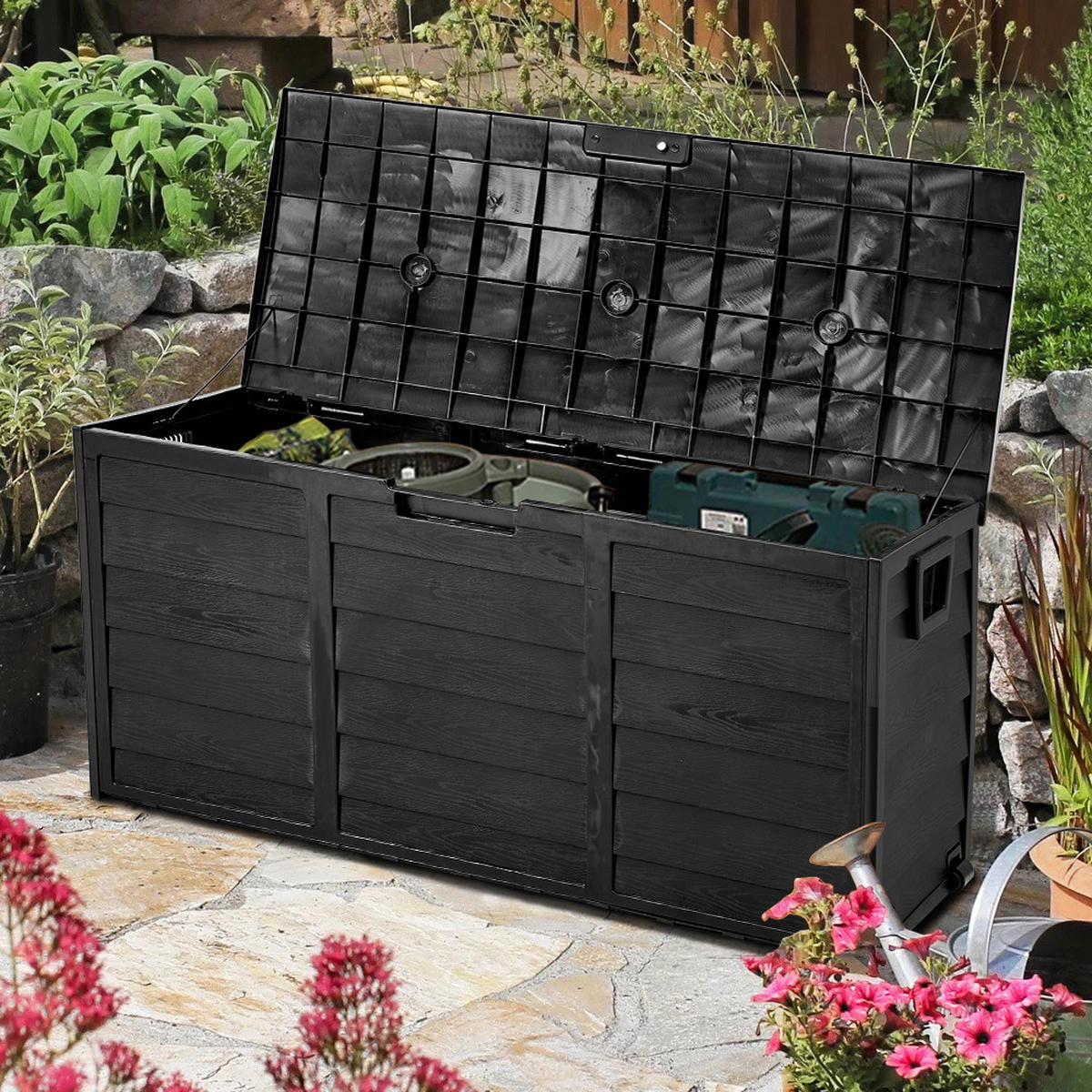 GARTENBOX 290L aus PP Kunststoff in Schwarz mit Rollen, Modell Robuste Konstruktio 112 cm B x 49 cm T x 54 cm H - Schwarz, Kunststoff (112/54/49cm) - Livingandhome