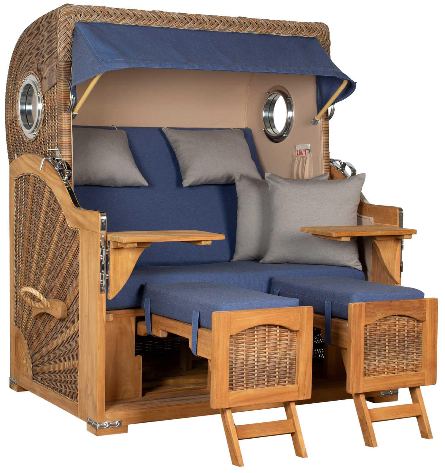 STRANDKORB XXL Düne Grande Teak Banana - Blau/Braun, Metall (142/170/95cm) - Mr. Deko