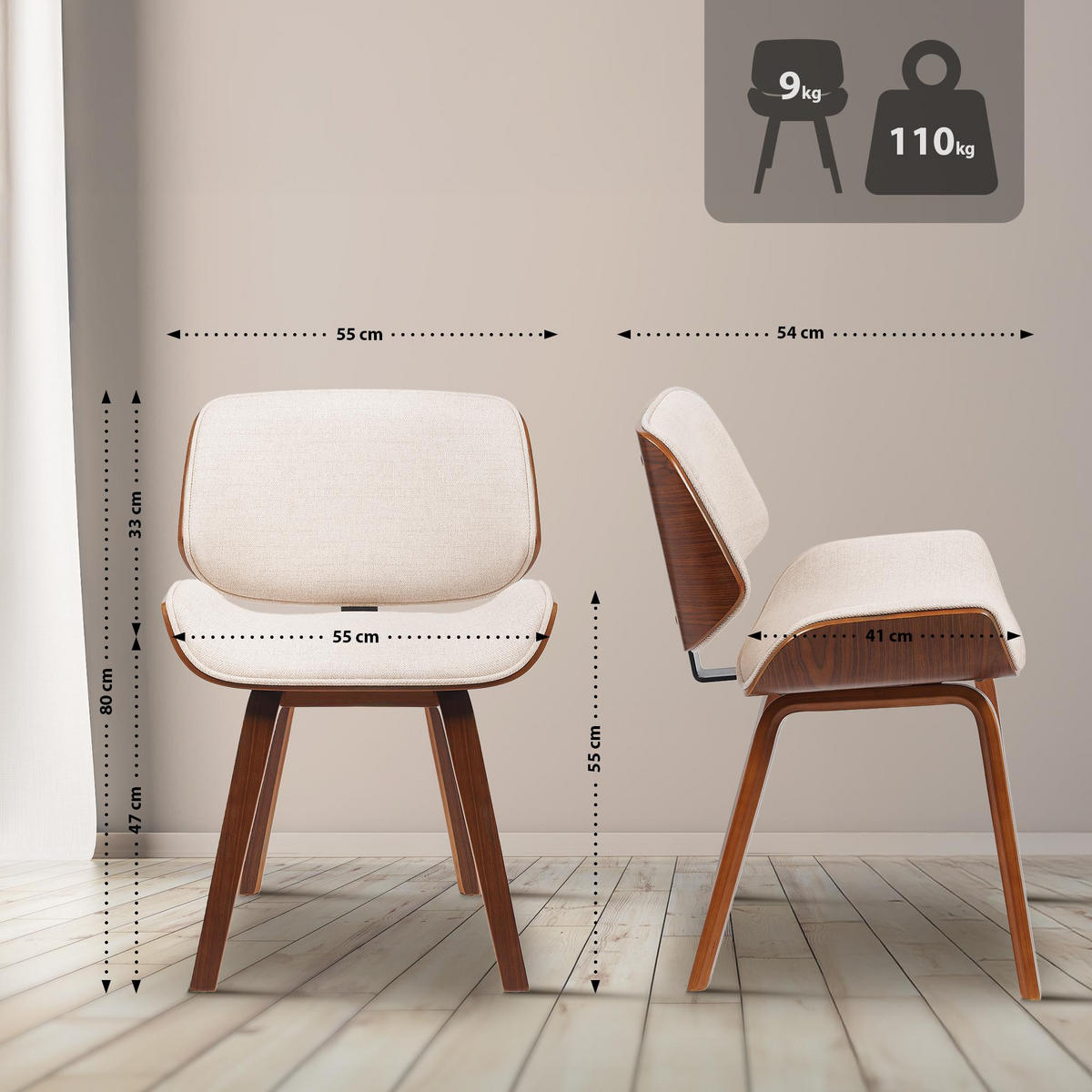 BESUCHERSTUHL Stoff Walnuss/Creme - Walnussfarben/Creme, Holz/Textil (55/80/41cm) - CLP