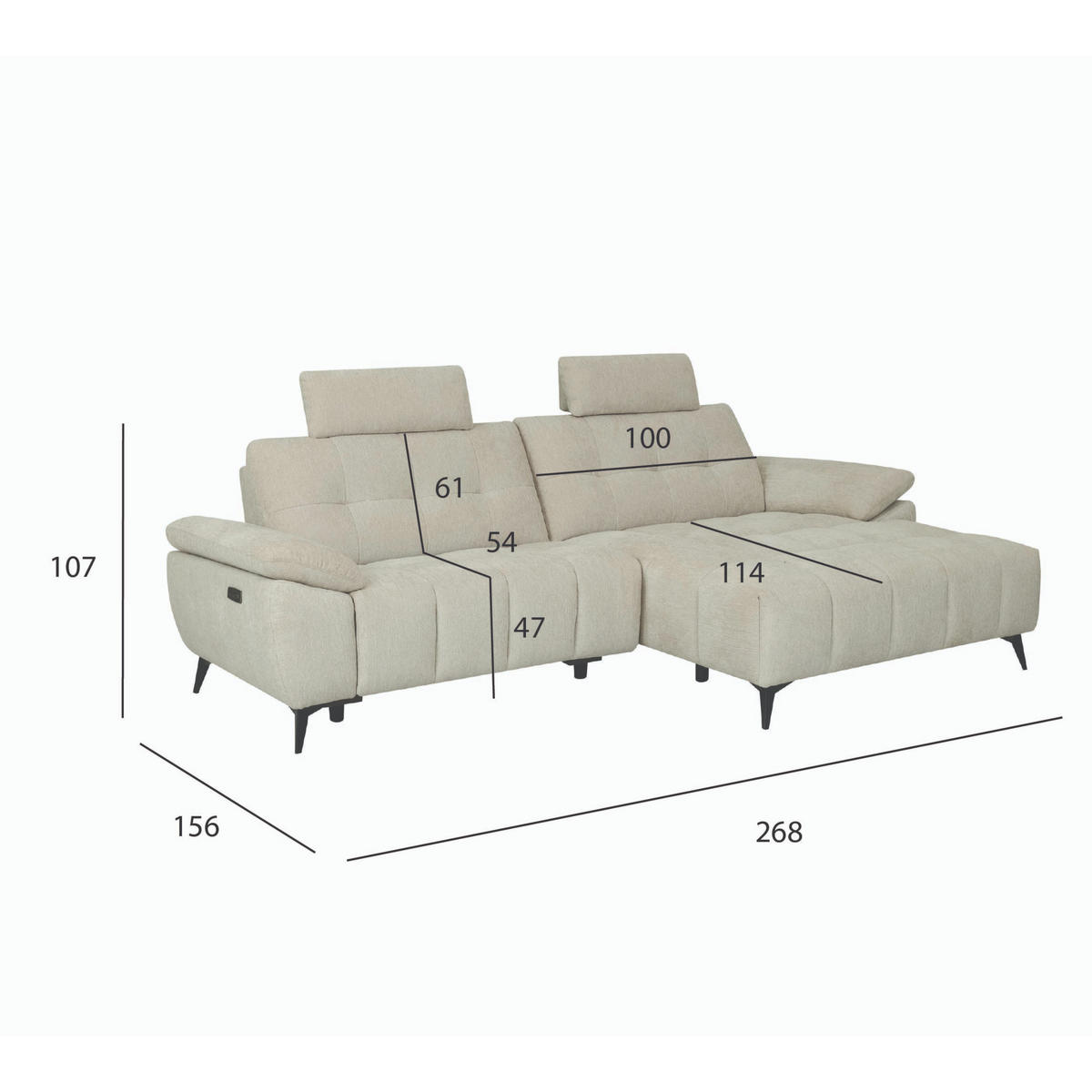 ECKSOFA Webstoff Creme Beige - Beige/Schwarz, Textil/Metall (268/156cm) - Furnhouse
