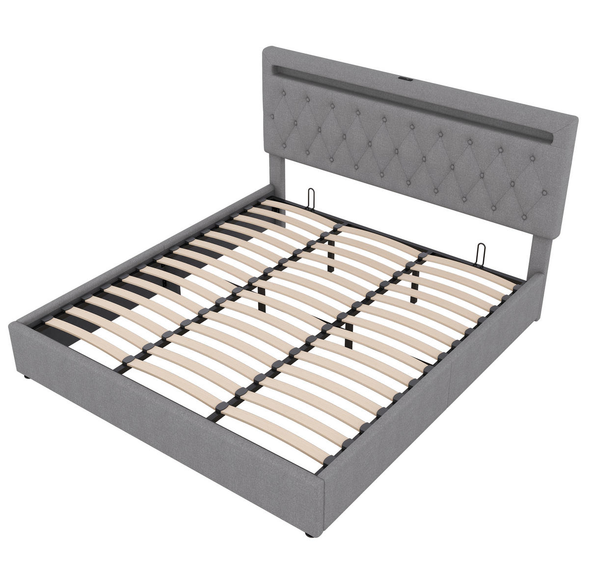 BETT mit Stauraum 180x200 cm Leinen Grau 2 USB-Anschlüsse - Grau, Metall (180/200cm) - Meubliv