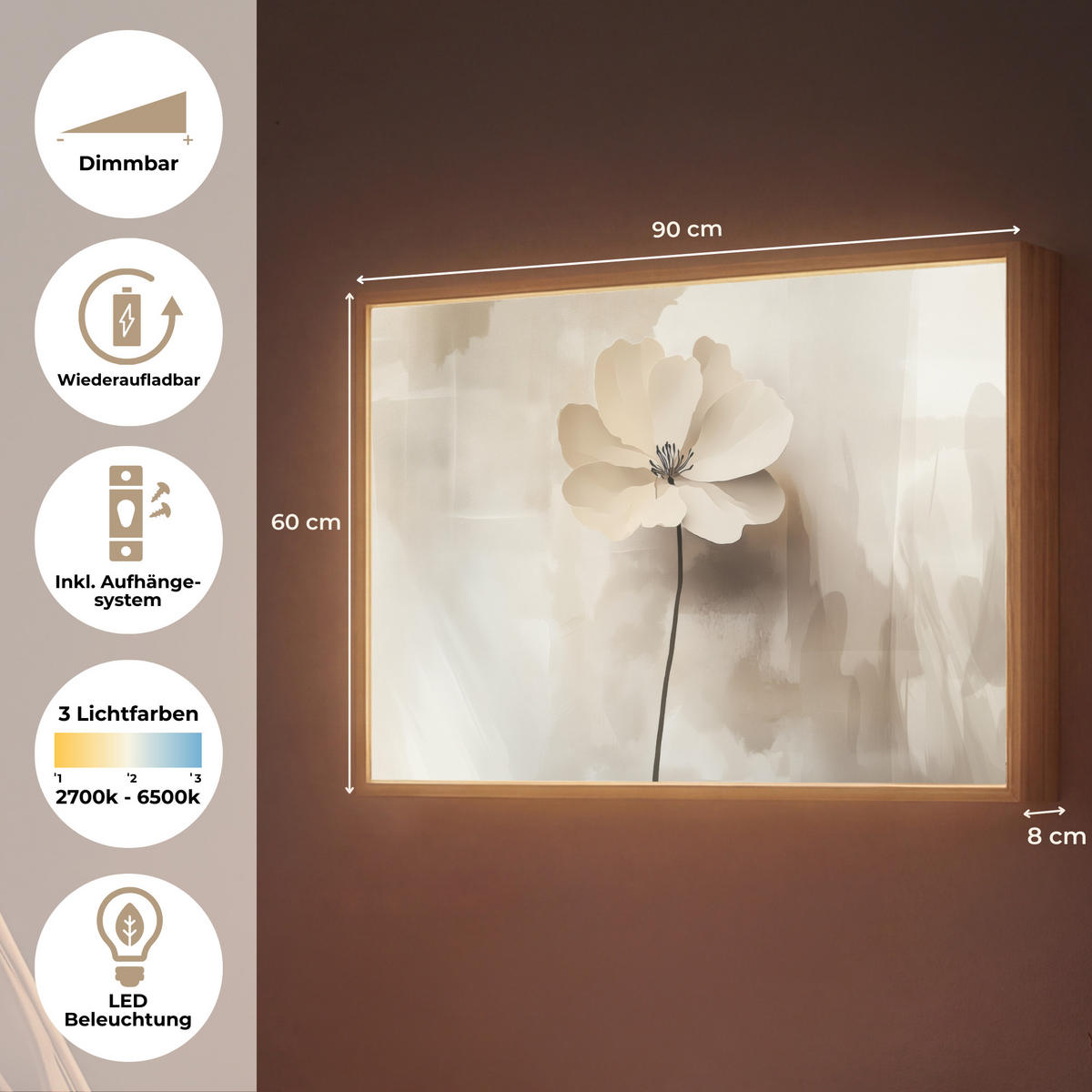 NÁSTĚNNÁ LAMPA S AKUMULÁTOREM Květina - béžová - barva - stín 90x60 cm - béžová, kompozitní dřevo (90/60/8cm) - OnlyWow