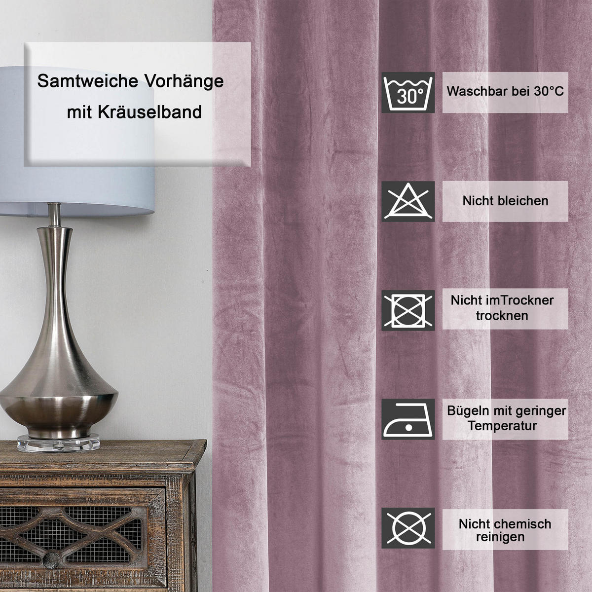 VORHANG Kräuselband Samt 140/175 cm Altrosa - Altrosa, Textil (140/175/175cm) - TiborTex
