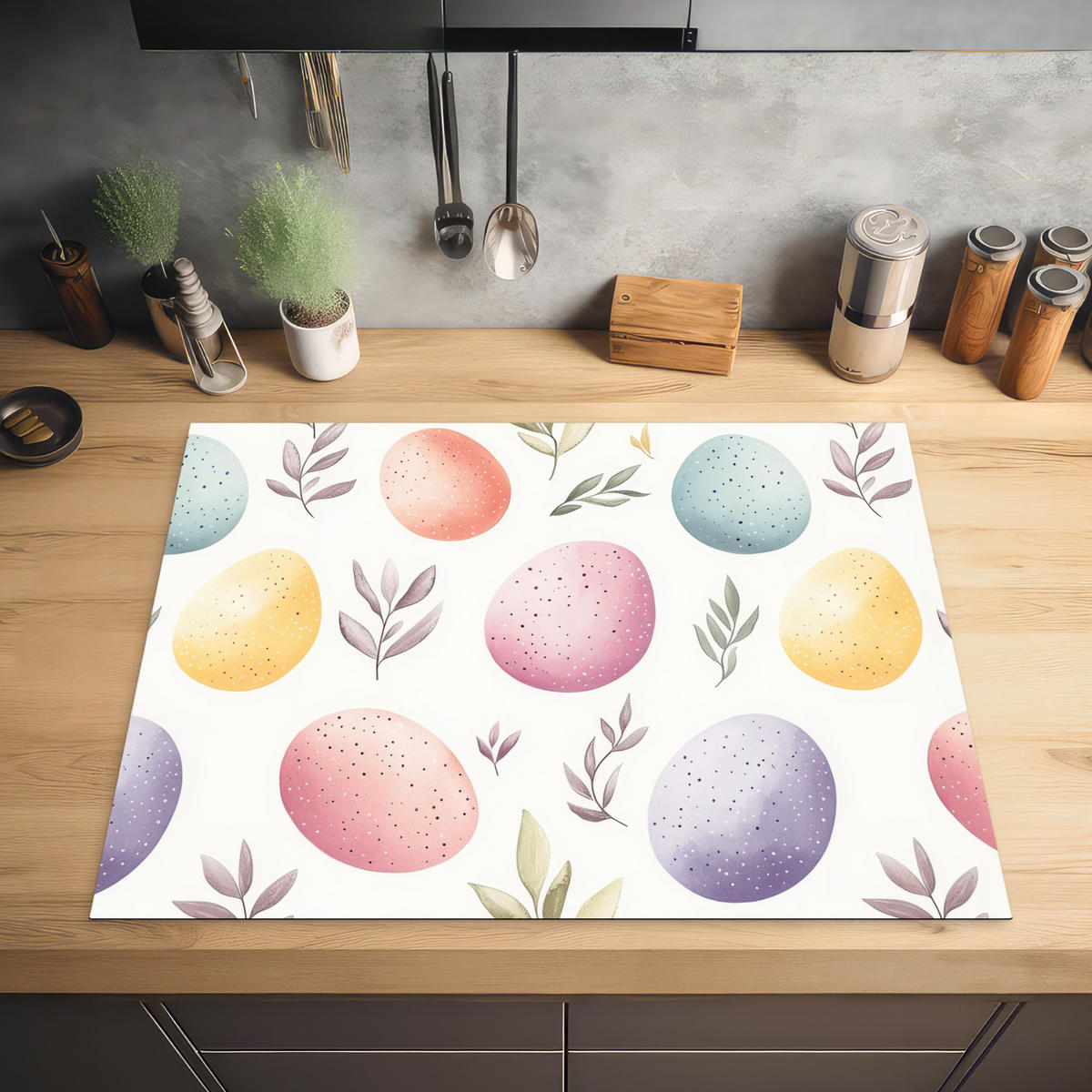 HERDABDECKPLATTE Eier - Bunt - Muster Induktionsmatte 77x59 cm - Weiß, Kunststoff (77/59/0.2cm) - MuchoWow