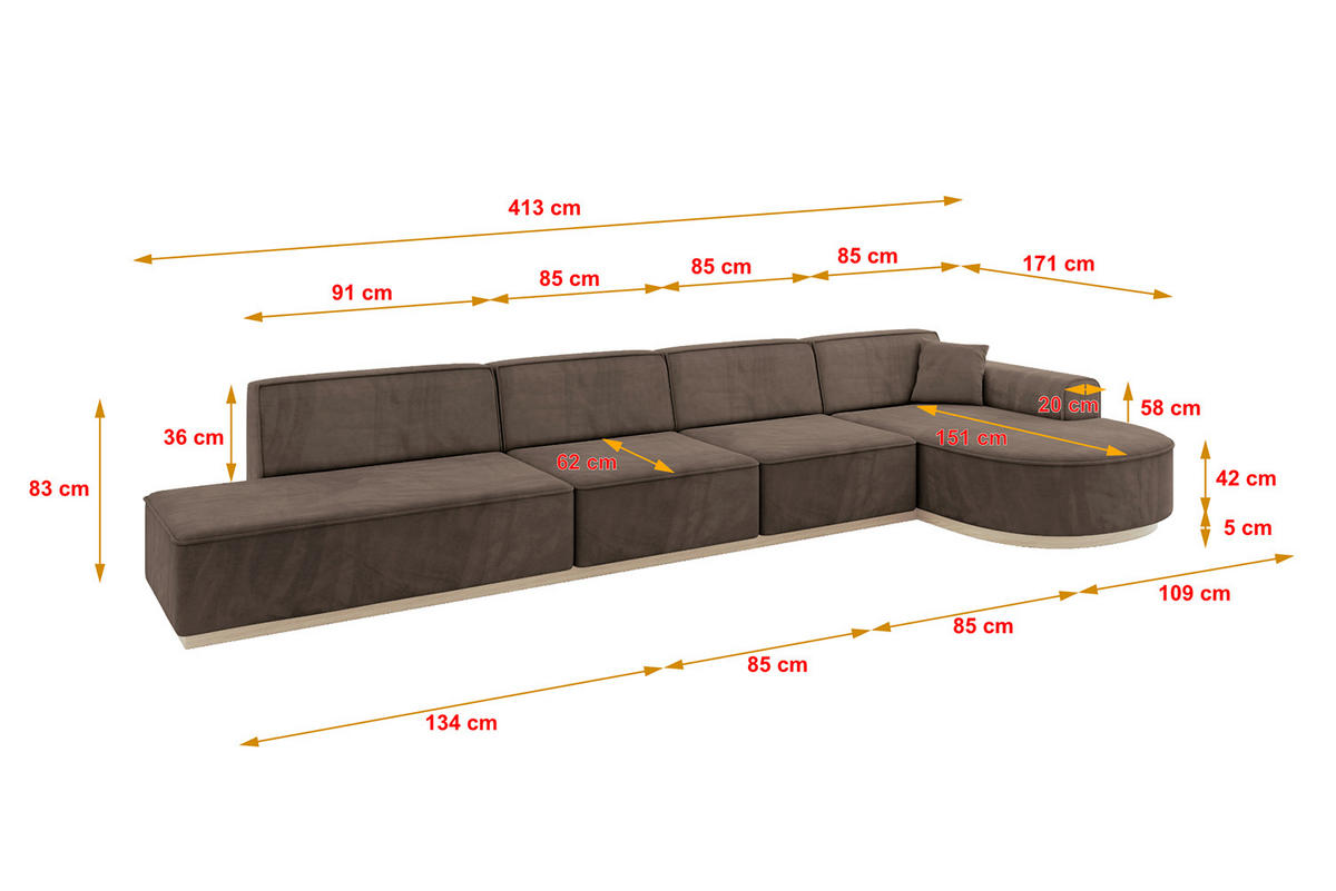 ECKSOFA Ottomane Rechts ARRIO-L3 - 413x171x83 cm Braun - Braun, Holzwerkstoff/Textil (413/171cm) - ALTDECOR