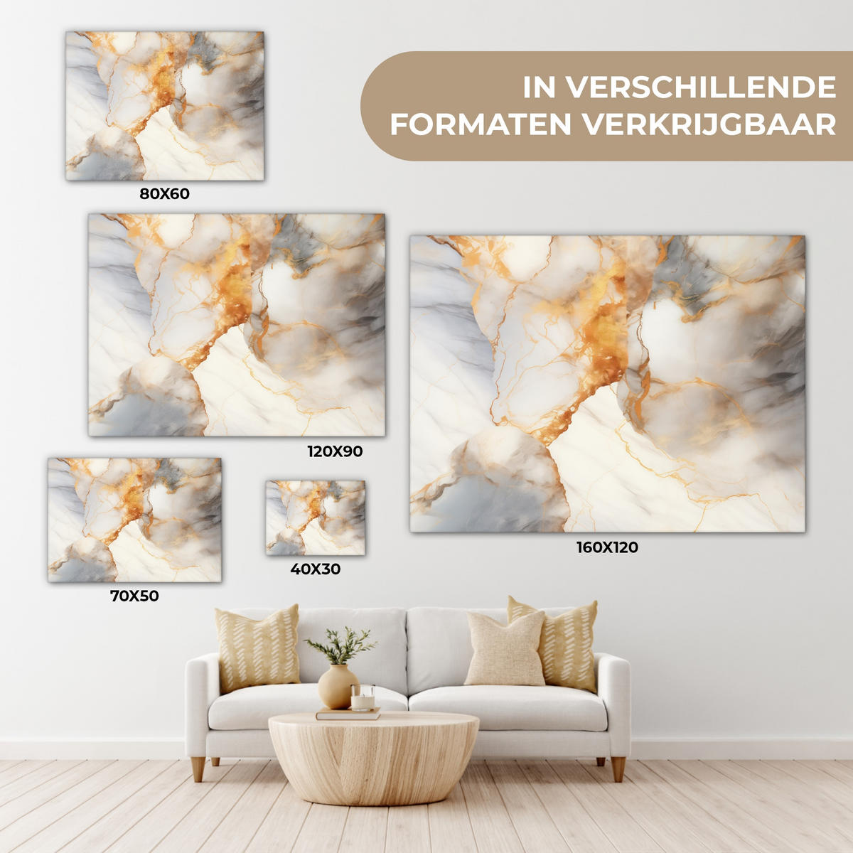 LEINWANDBILD Marmor - Grau - Gold Wandbilder 80x60 cm - Weiß, Textil (80/60cm) - MuchoWow
